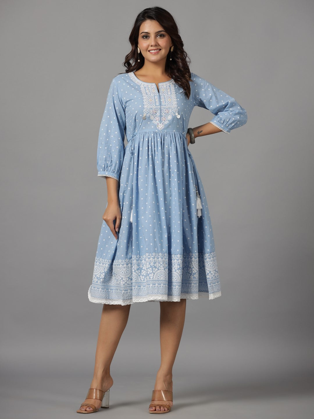 Juniper Sky Blue Ethnic Motif Printed Pure Cotton Dress With Beads & Sequins Work