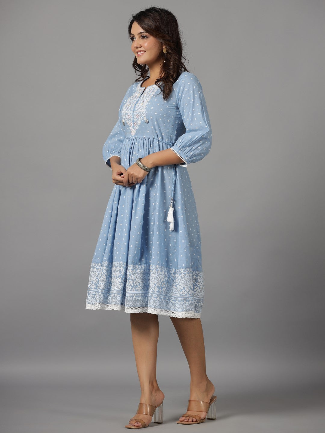 Juniper Sky Blue Ethnic Motif Printed Pure Cotton Dress With Beads & Sequins Work