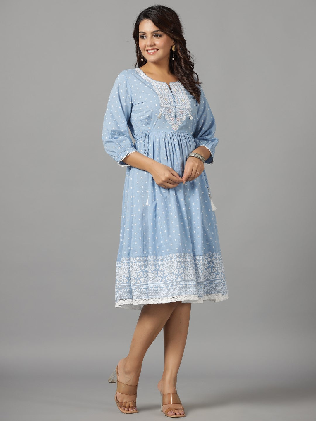 Juniper Sky Blue Ethnic Motif Printed Pure Cotton Dress With Beads & Sequins Work