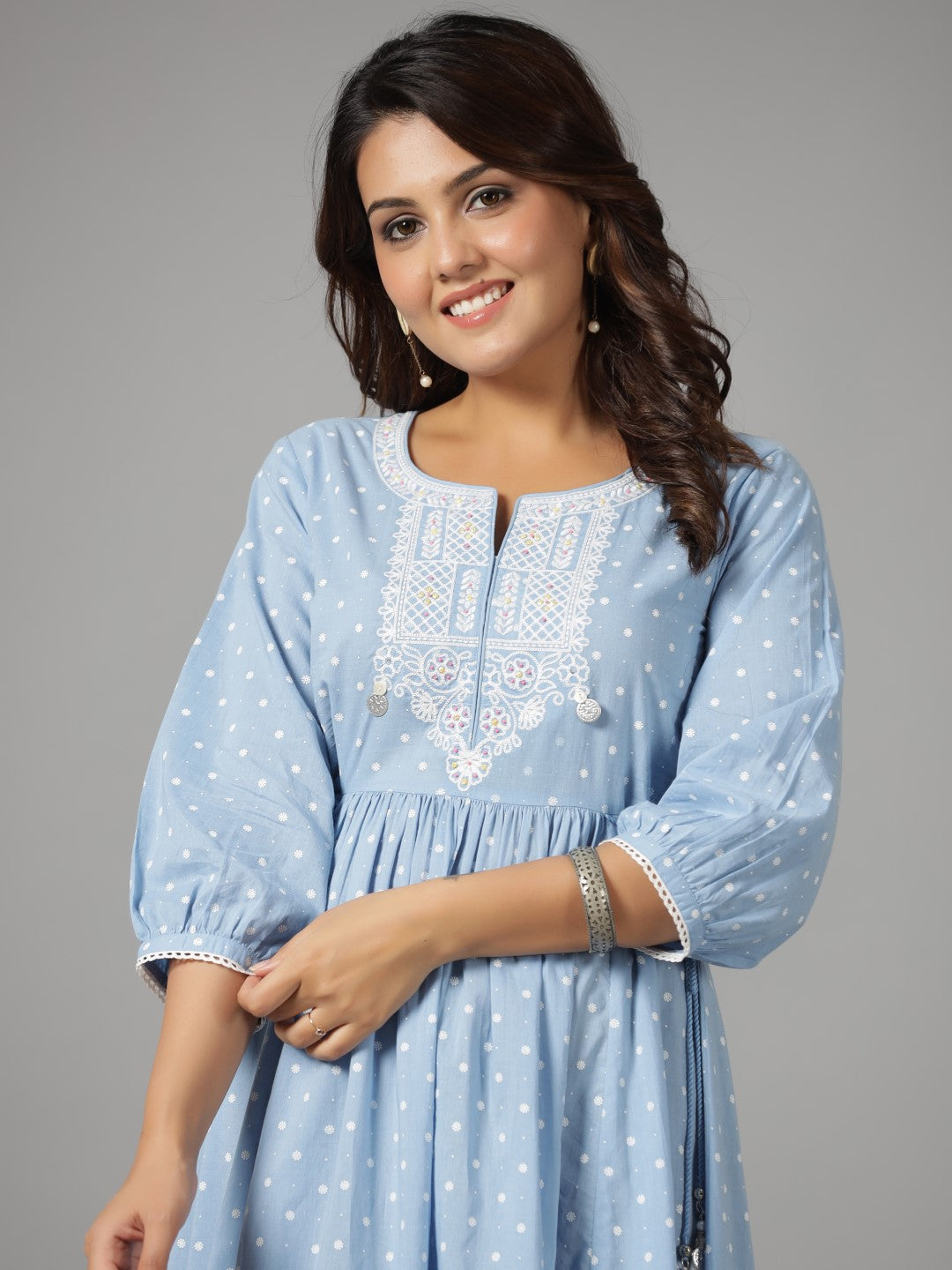Juniper Sky Blue Ethnic Motif Printed Pure Cotton Dress With Beads & Sequins Work