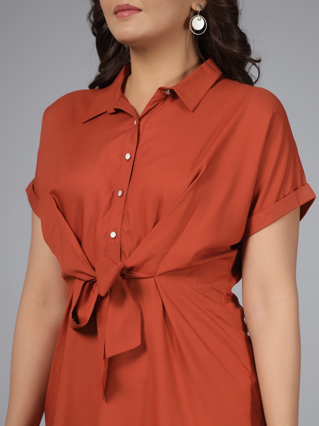 Juniper Rust Solid A-Lined Rayon Dress With Contrast Buttons & Front Tie Ups