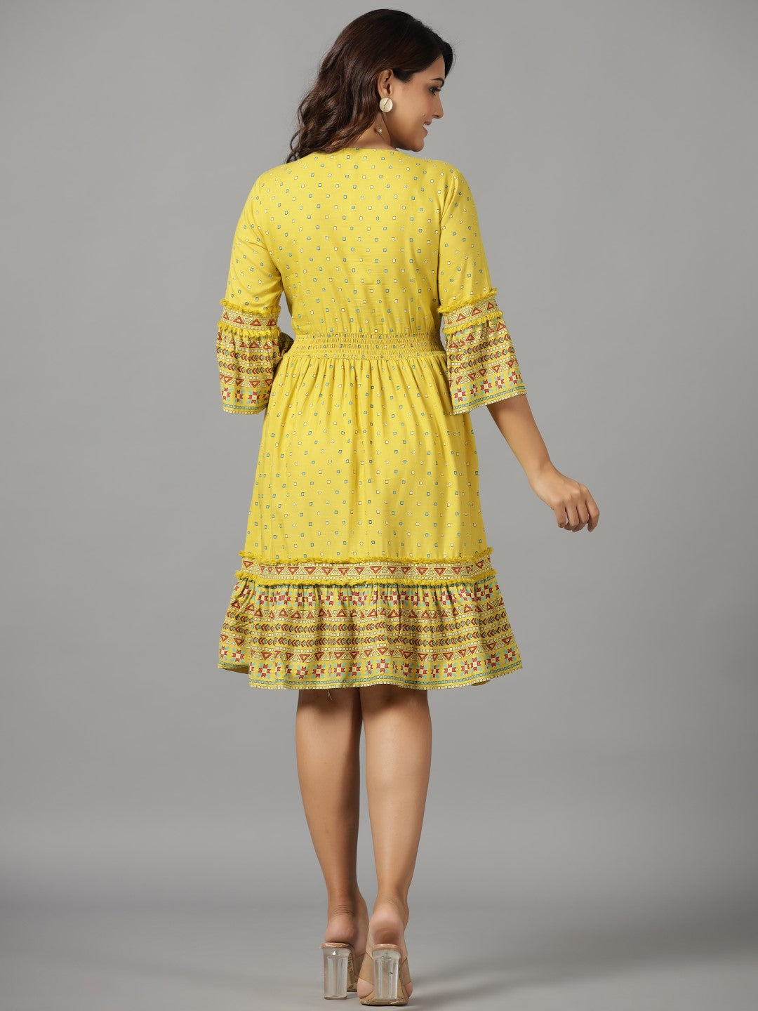 Juniper Lime Green Geometric Printed Rayon Staple Dress With Lace work