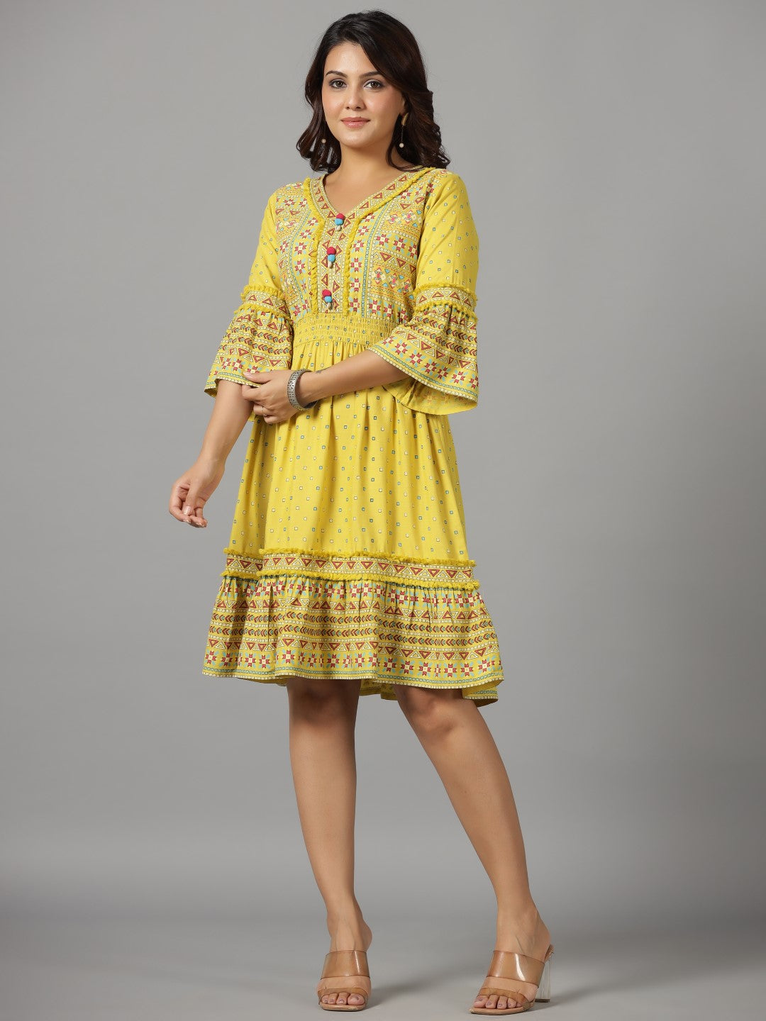 Juniper Lime Green Geometric Printed Rayon Staple Dress With Lace work