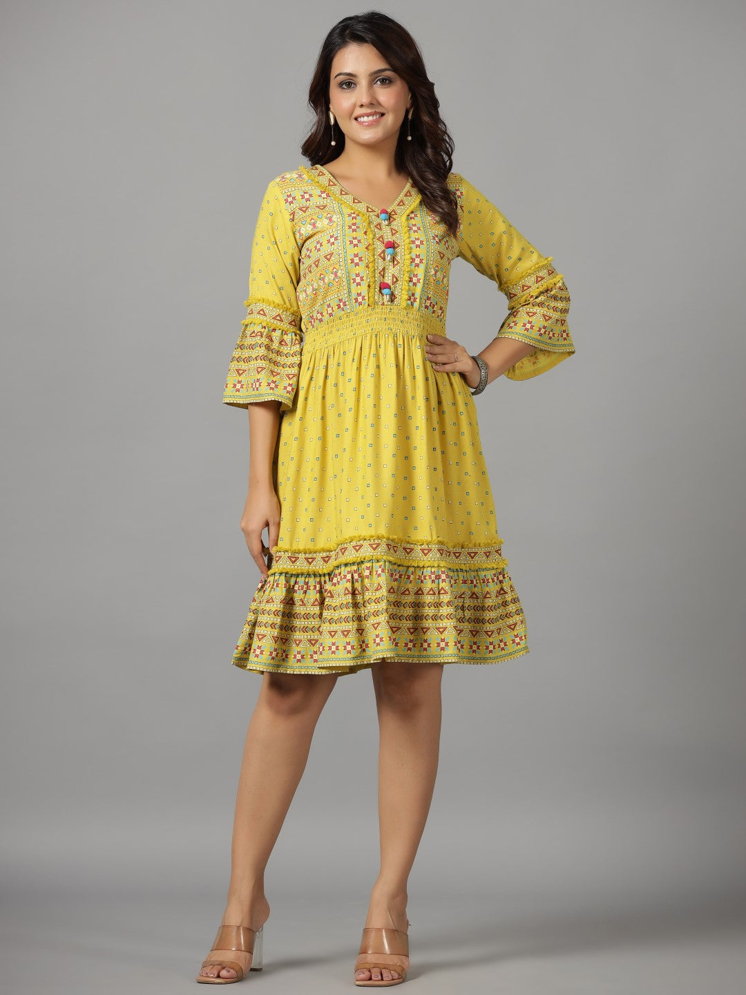 Juniper Lime Green Geometric Printed Rayon Staple Dress With Lace work