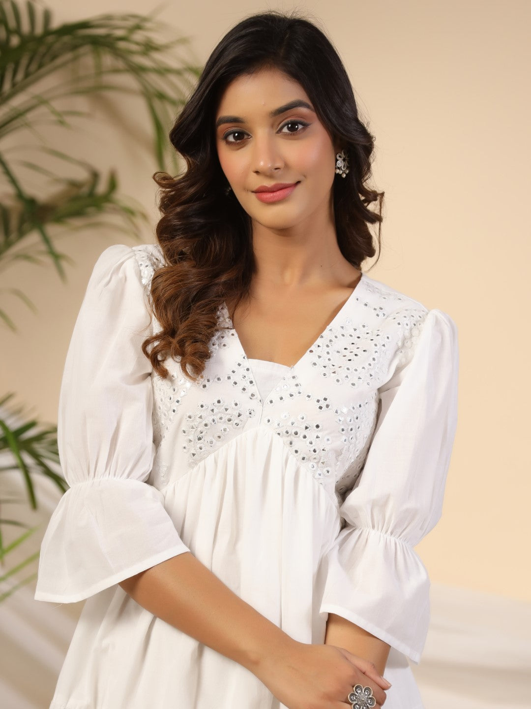 Juniper White Pure Cotton Alia Cut Mirror Work Tiered Midi Dress With Lining