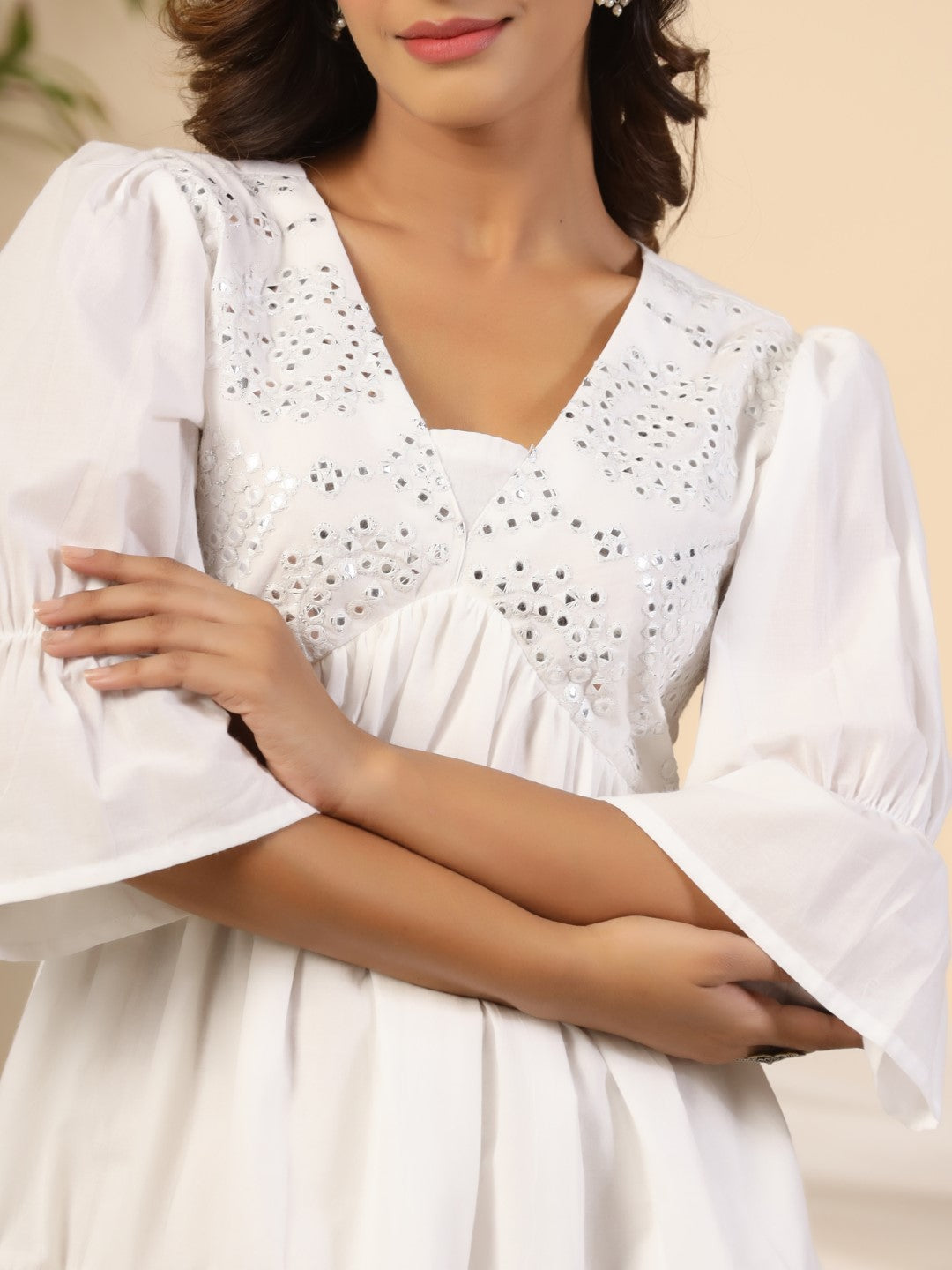 Juniper White Pure Cotton Alia Cut Mirror Work Tiered Midi Dress With Lining