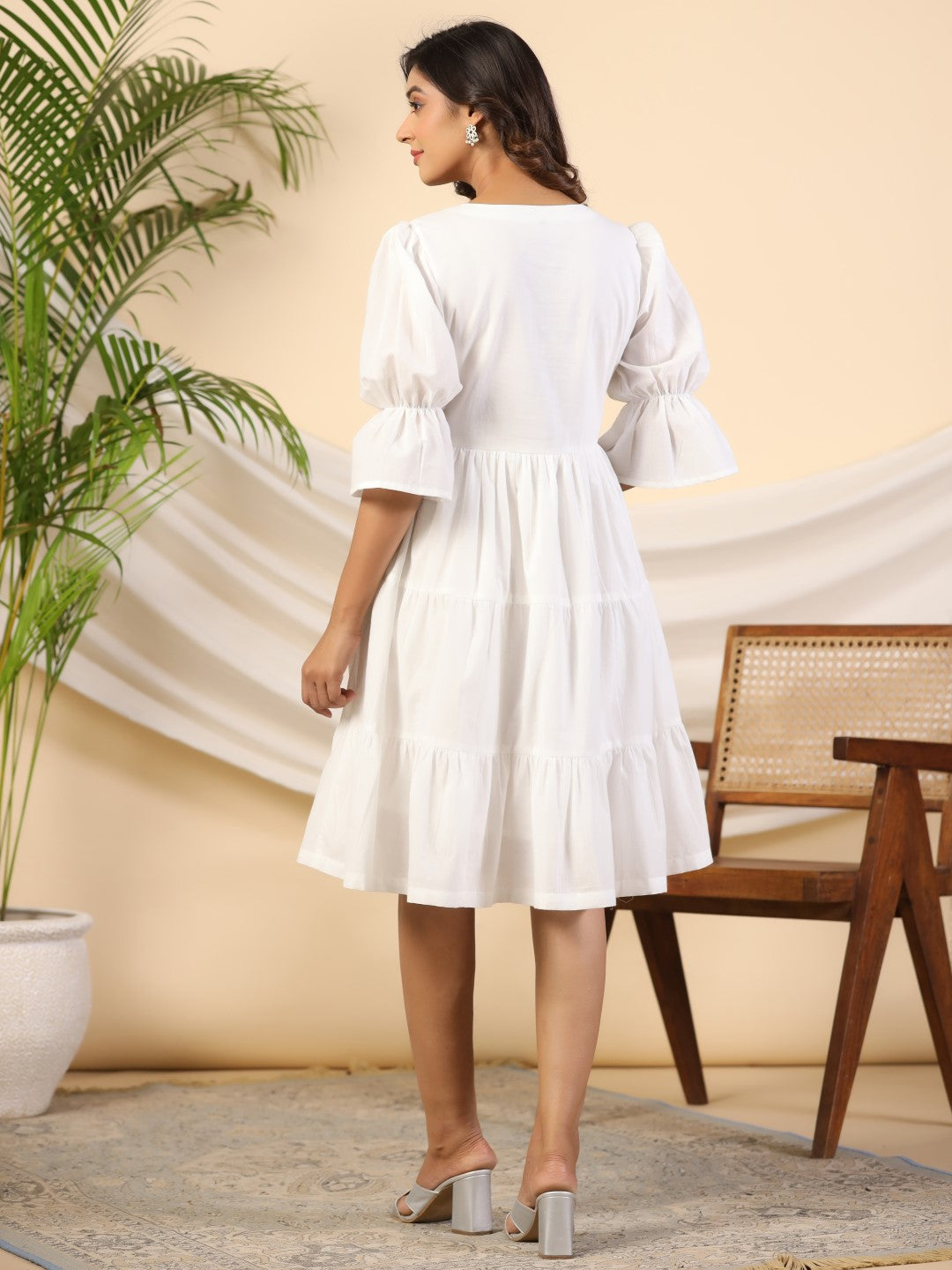 Juniper White Pure Cotton Alia Cut Mirror Work Tiered Midi Dress With Lining