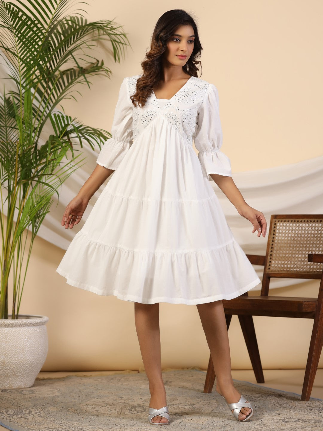 Juniper White Pure Cotton Alia Cut Mirror Work Tiered Midi Dress With Lining