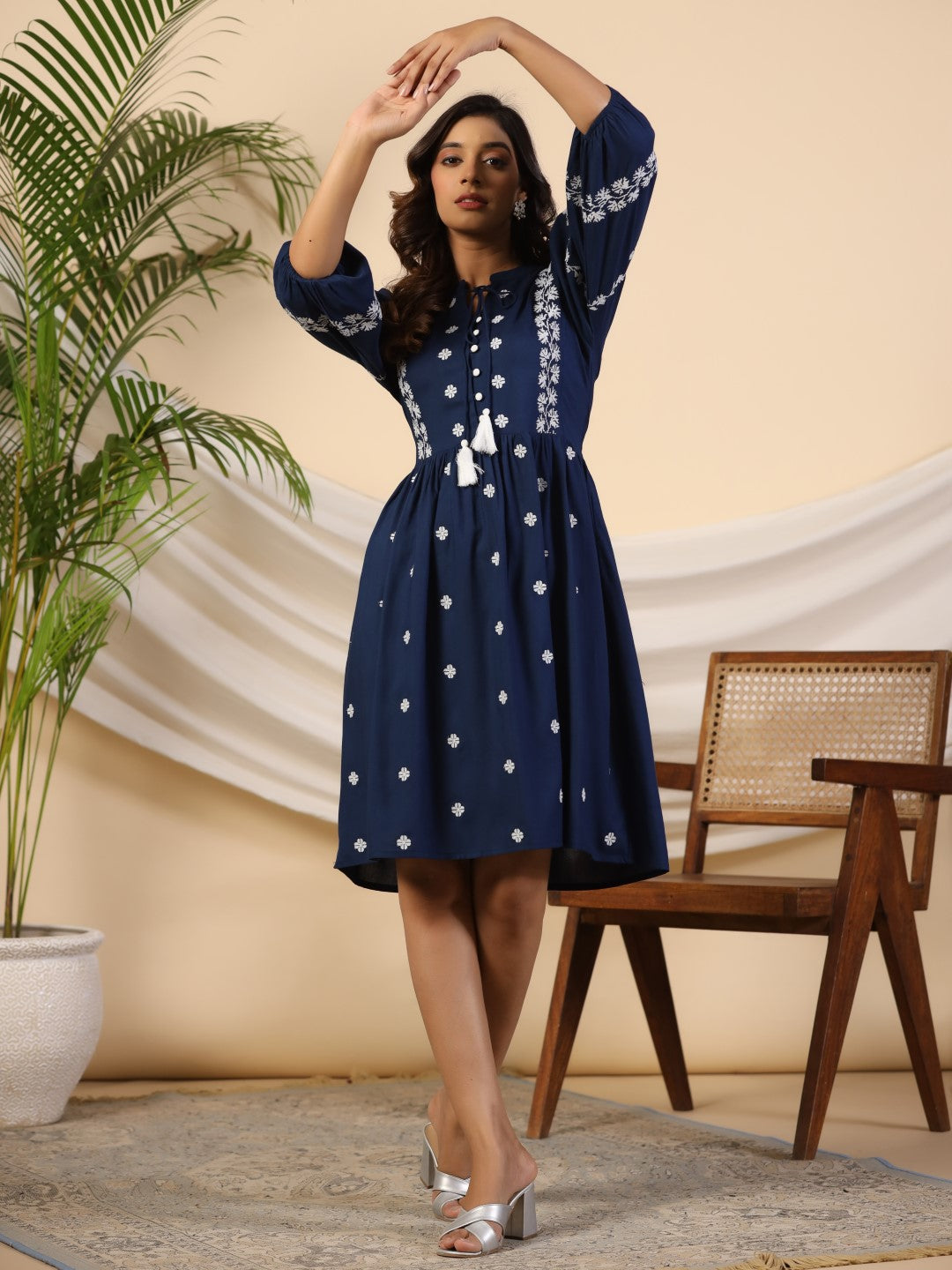 Juniper Rayon Blue Cross Stitched Embroidered Short Dress With Dori Tie Ups & Tassels