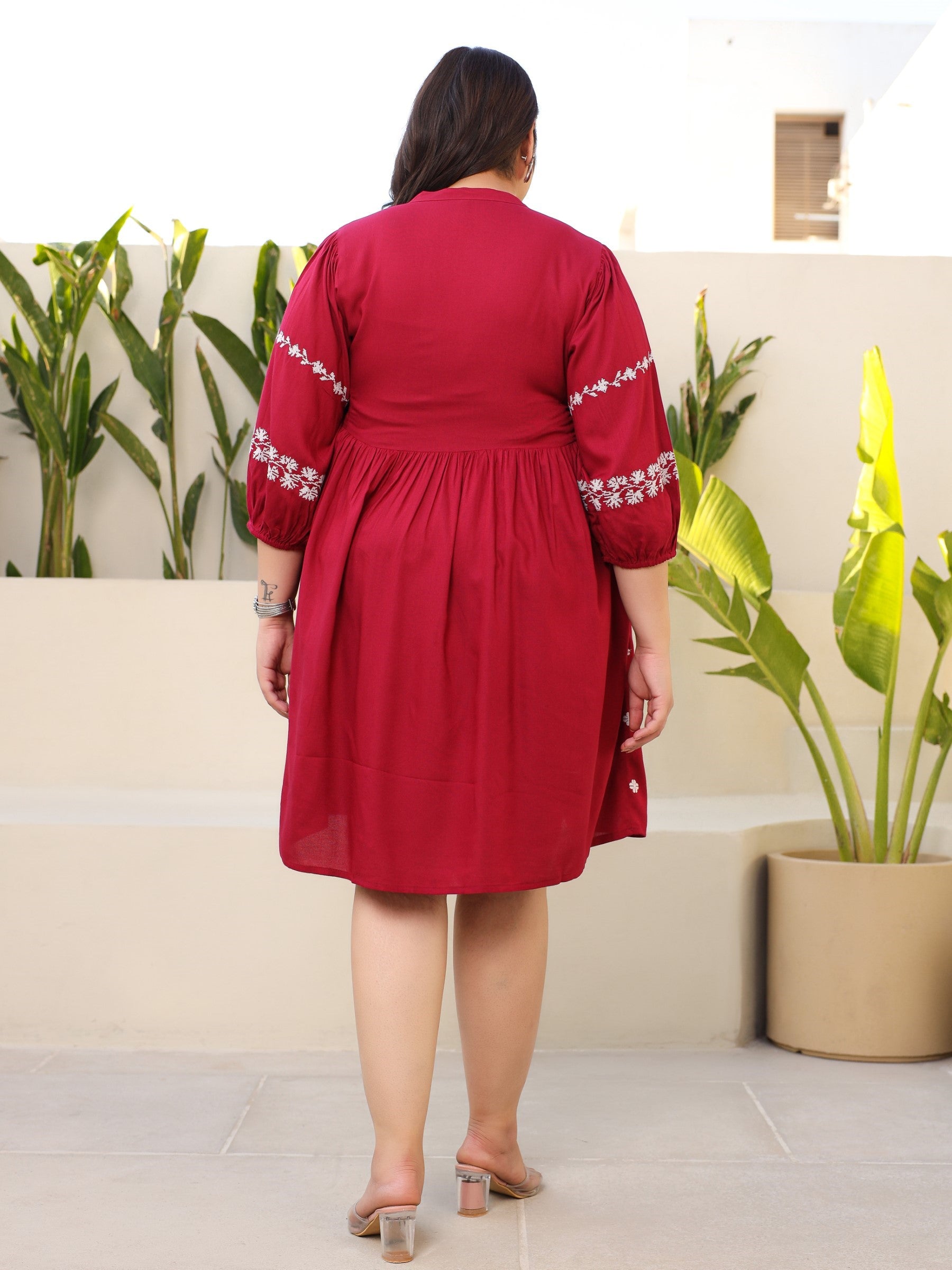 Rayon Wine Cross Stitched Embroidered Plus Size Short Dress With Dori Tie Ups & Tassels