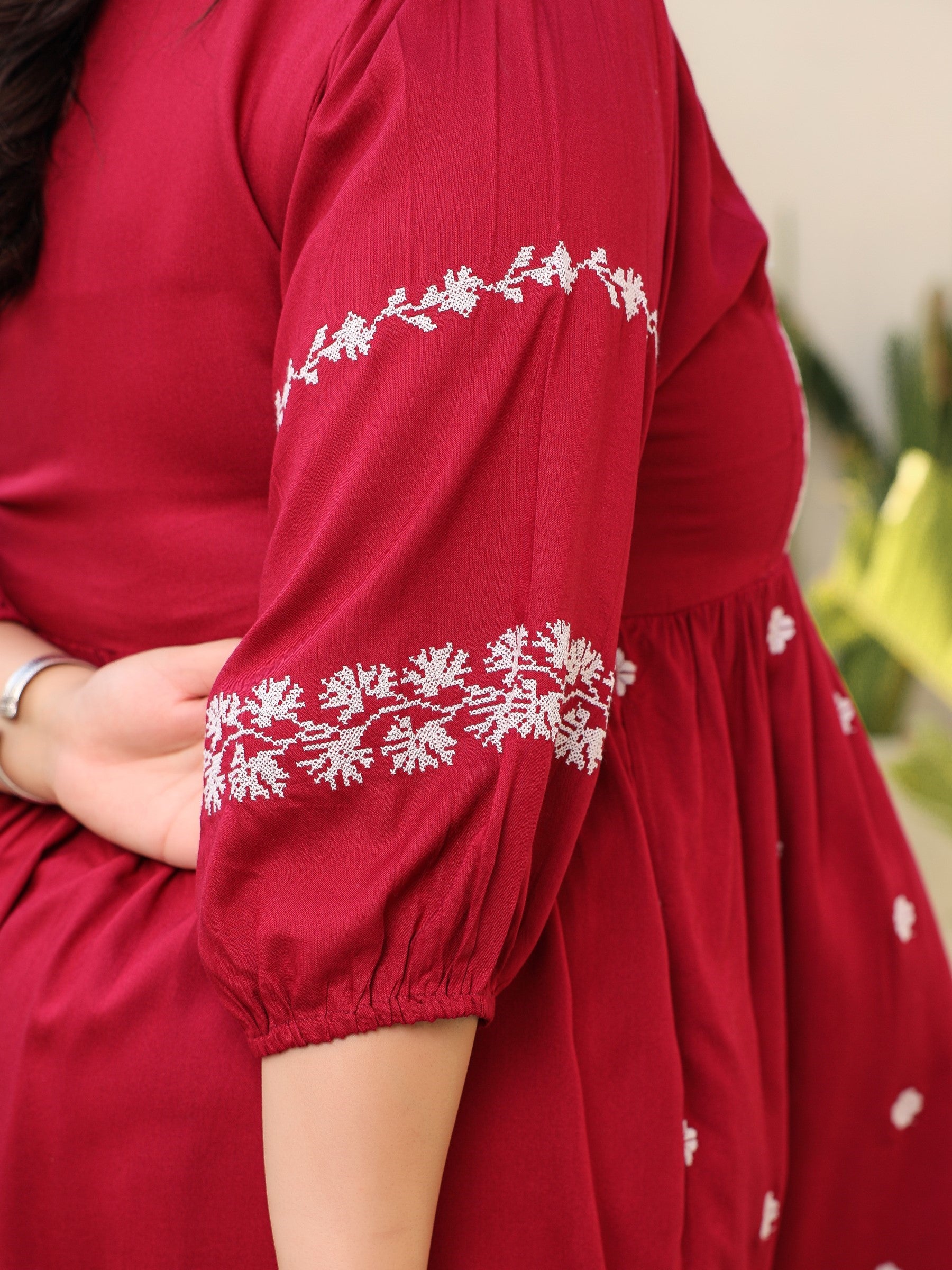 Juniper Rayon Wine Cross Stitched Embroidered Plus Size Short Dress With Dori Tie Ups & Tassels