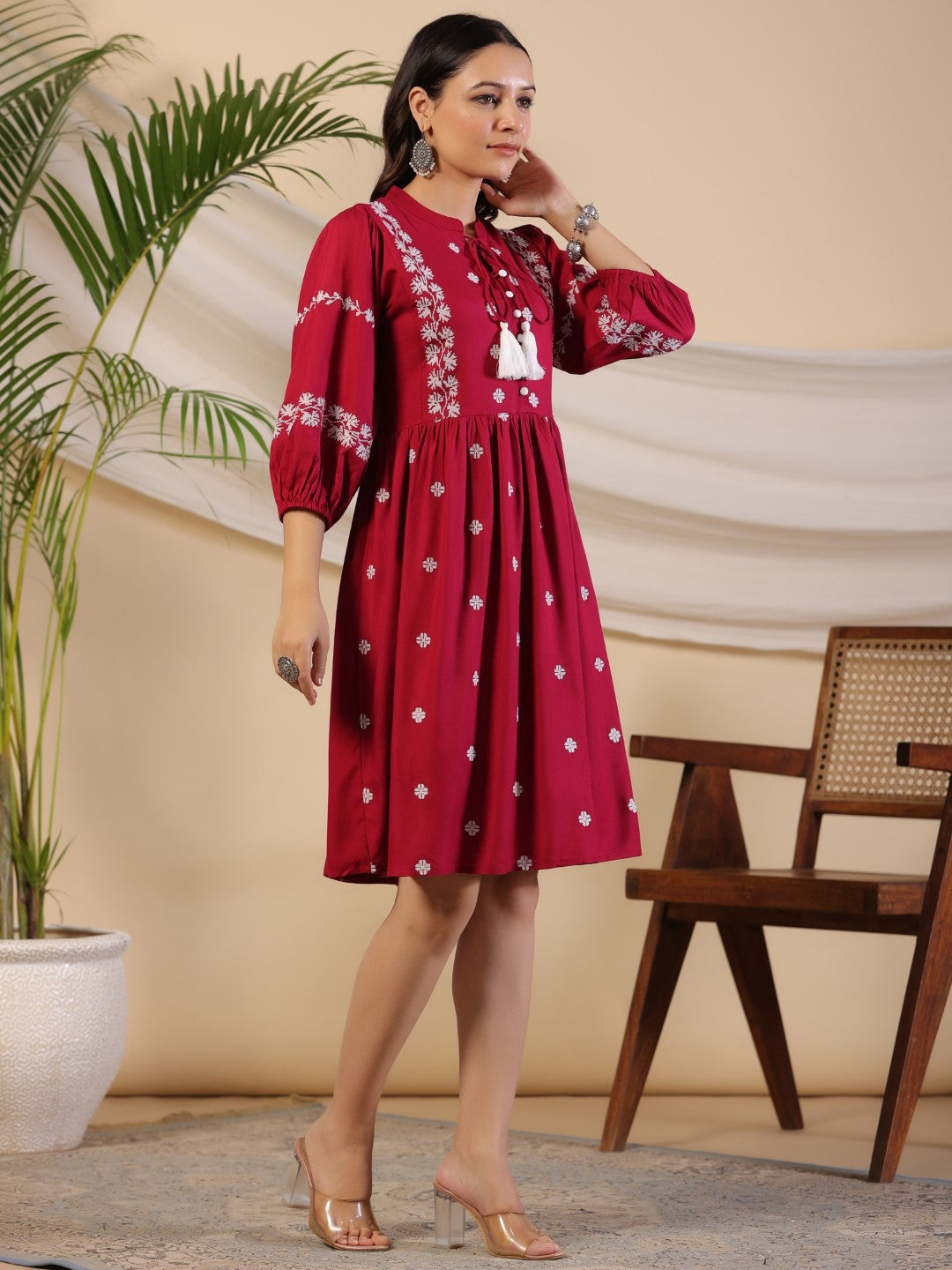 Juniper Rayon Wine Cross Stitched Embroidered Short Dress With Dori Tie Ups & Tassels