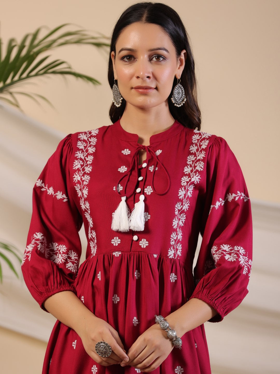 Juniper Rayon Wine Cross Stitched Embroidered Short Dress With Dori Tie Ups & Tassels