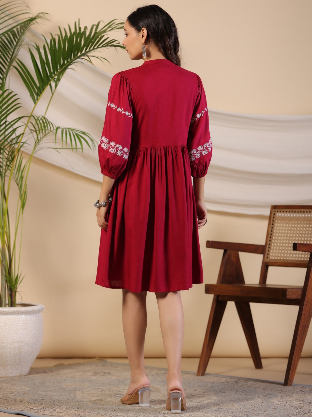 Juniper Rayon Wine Cross Stitched Embroidered Short Dress With Dori Tie Ups & Tassels