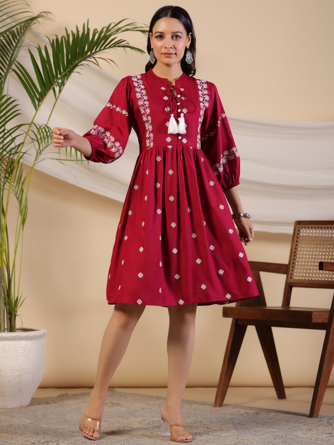 Juniper Rayon Wine Cross Stitched Embroidered Short Dress With Dori Tie Ups & Tassels