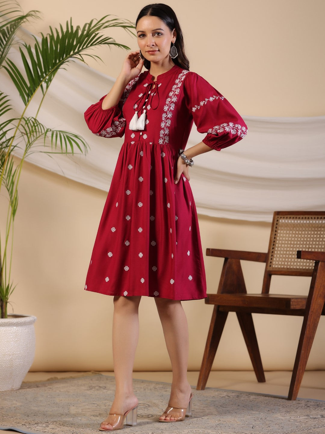 Juniper Rayon Wine Cross Stitched Embroidered Short Dress With Dori Tie Ups & Tassels