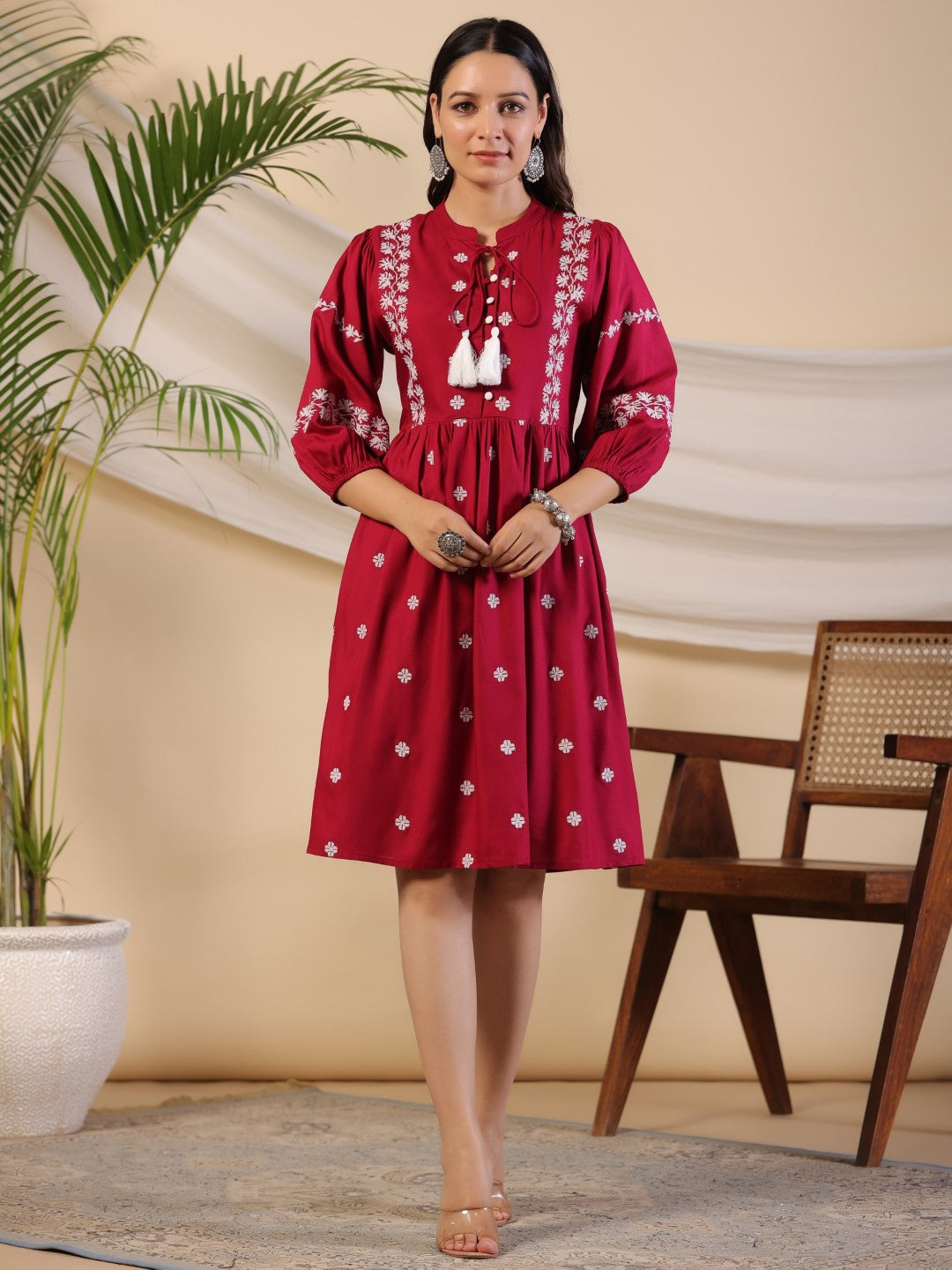 Juniper Rayon Wine Cross Stitched Embroidered Short Dress With Dori Tie Ups & Tassels
