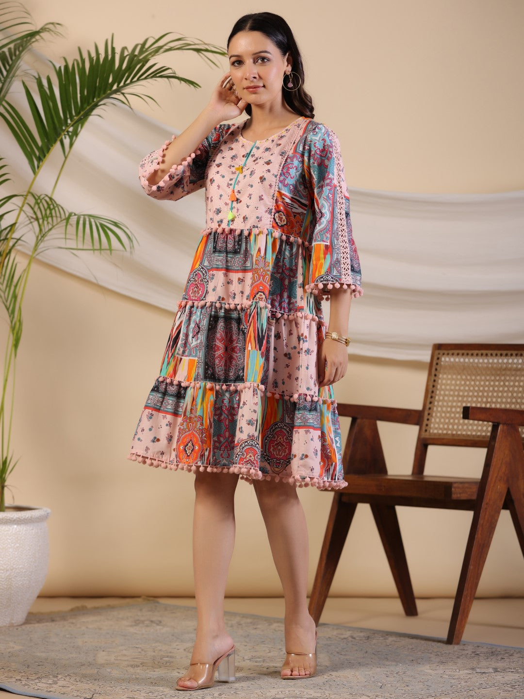 Juniper Multi-Colour Floral Printed Pure Cotton Dress With Lace Work