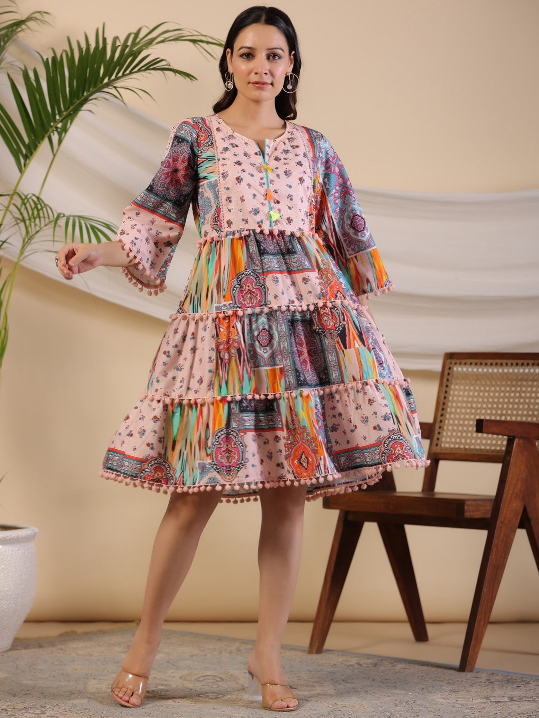 Juniper Multi-Colour Floral Printed Pure Cotton Dress With Lace Work