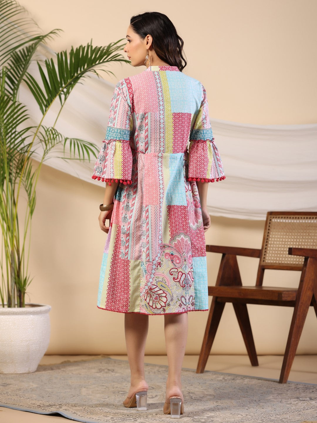 Juniper Multi-Colour Ethnic Motif Printed Pure Cotton Midi Dress With Sequined Work