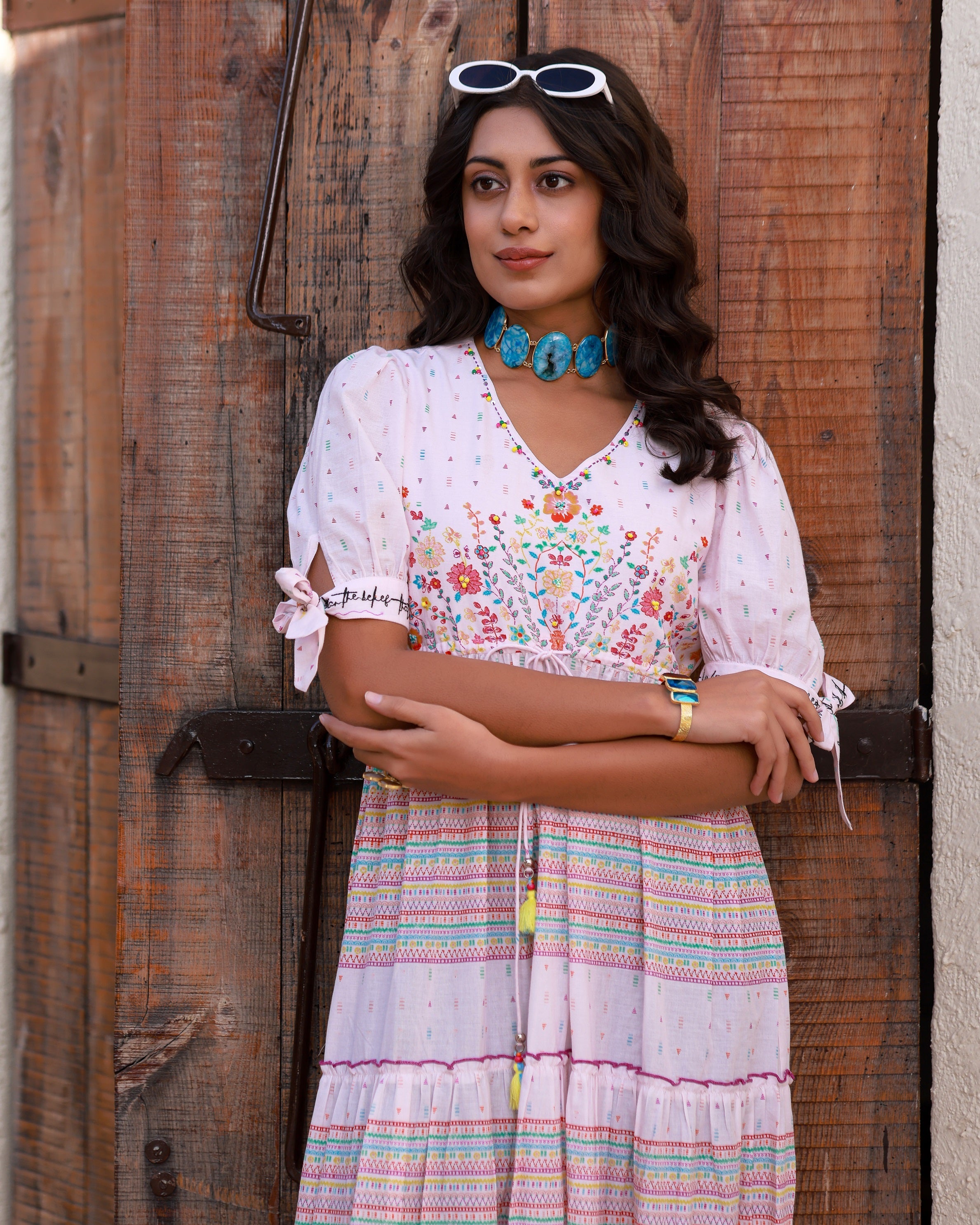 Juniper Pink Wonderland Pure Cotton Floral Printed Maxi Dress With Beads Tassels Kantha & Contrast 3D Work