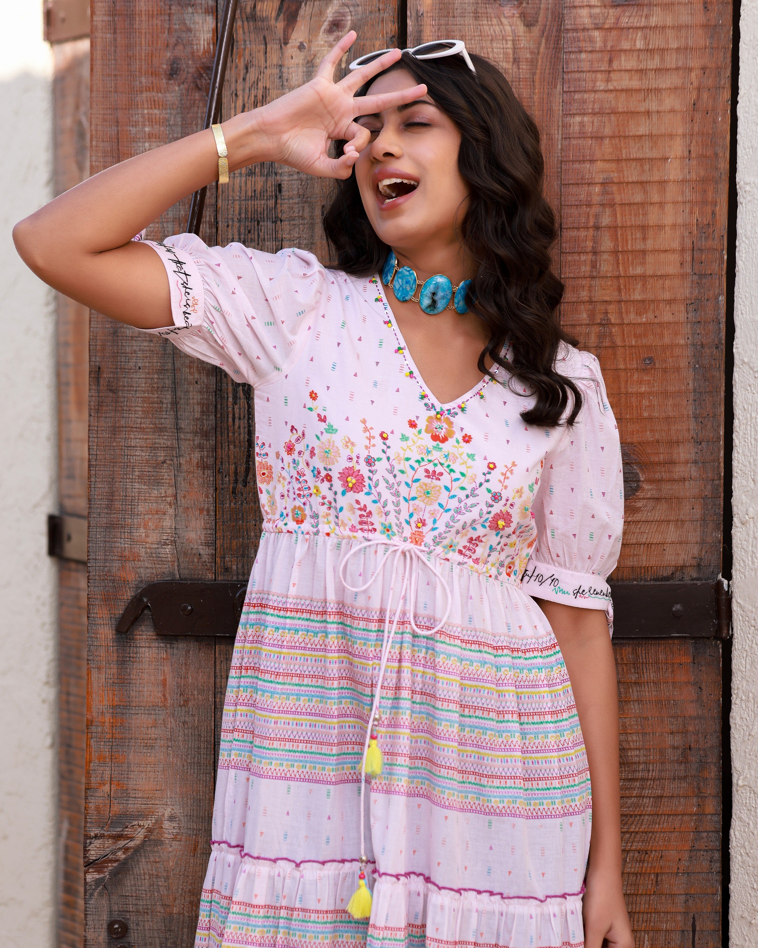 Juniper Pink Wonderland Pure Cotton Floral Printed Maxi Dress With Beads Tassels Kantha & Contrast 3D Work