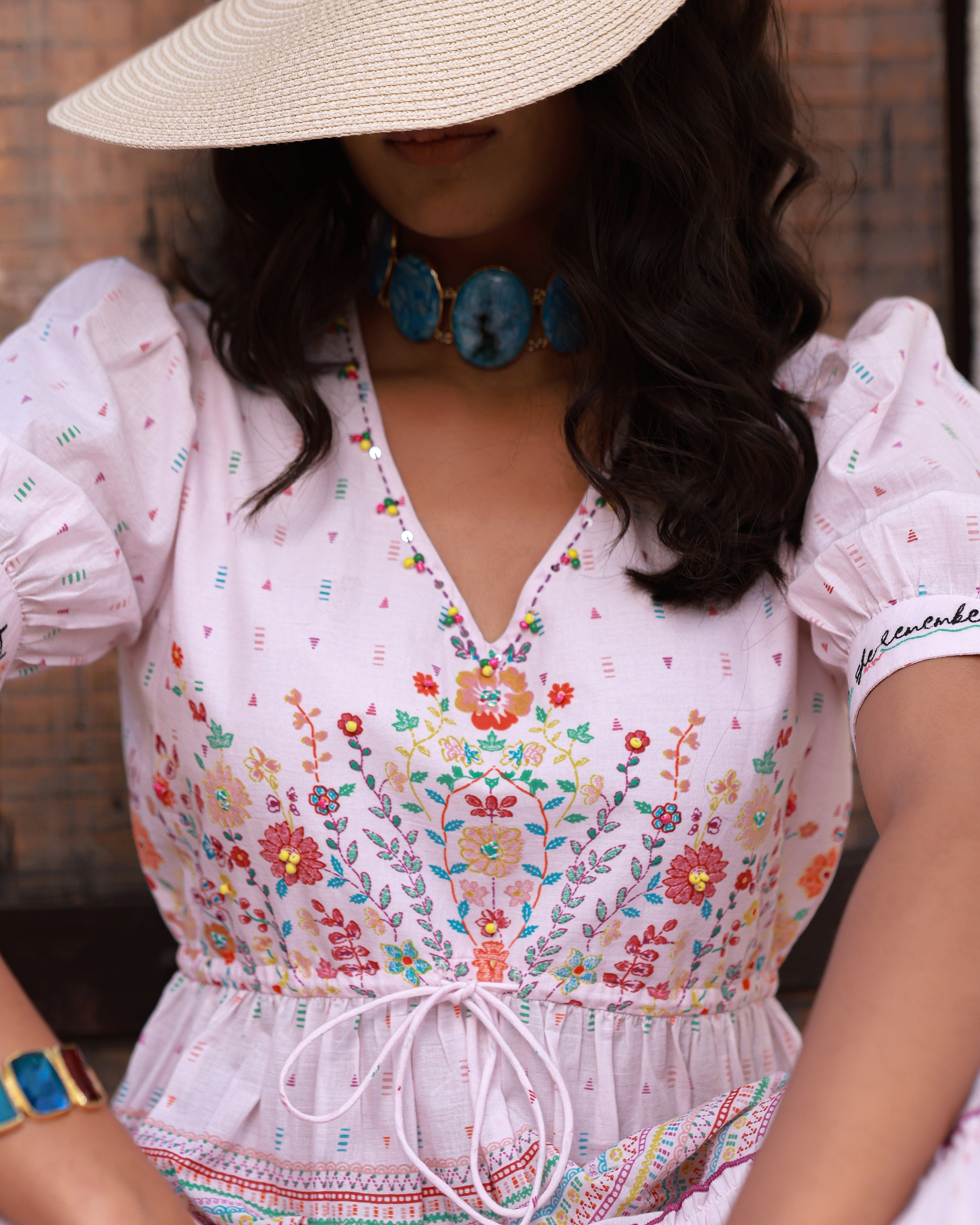 Juniper Pink Wonderland Pure Cotton Floral Printed Maxi Dress With Beads Tassels Kantha & Contrast 3D Work