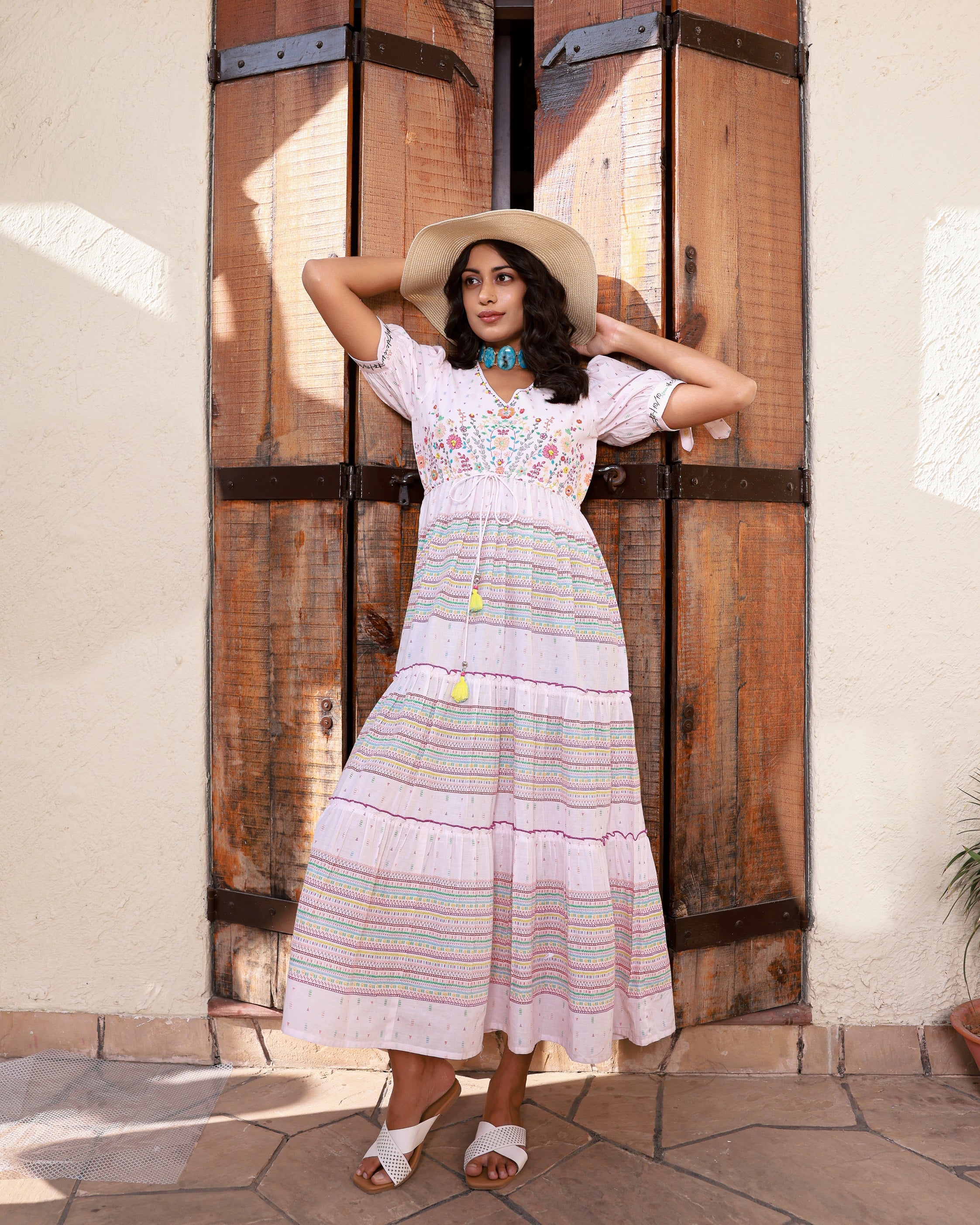 Juniper Pink Wonderland Pure Cotton Floral Printed Maxi Dress With Beads Tassels Kantha & Contrast 3D Work