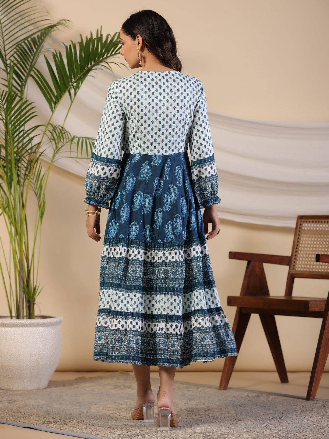 Juniper The Madhubala Rayon Blue Ethnic Motif Printed Maxi Dress With Contrast 3D Beadwork Sequins & Kaudi