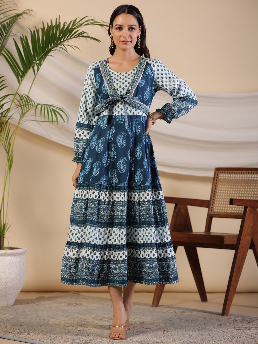 Juniper The Madhubala Rayon Blue Ethnic Motif Printed Maxi Dress With Contrast 3D Beadwork Sequins & Kaudi