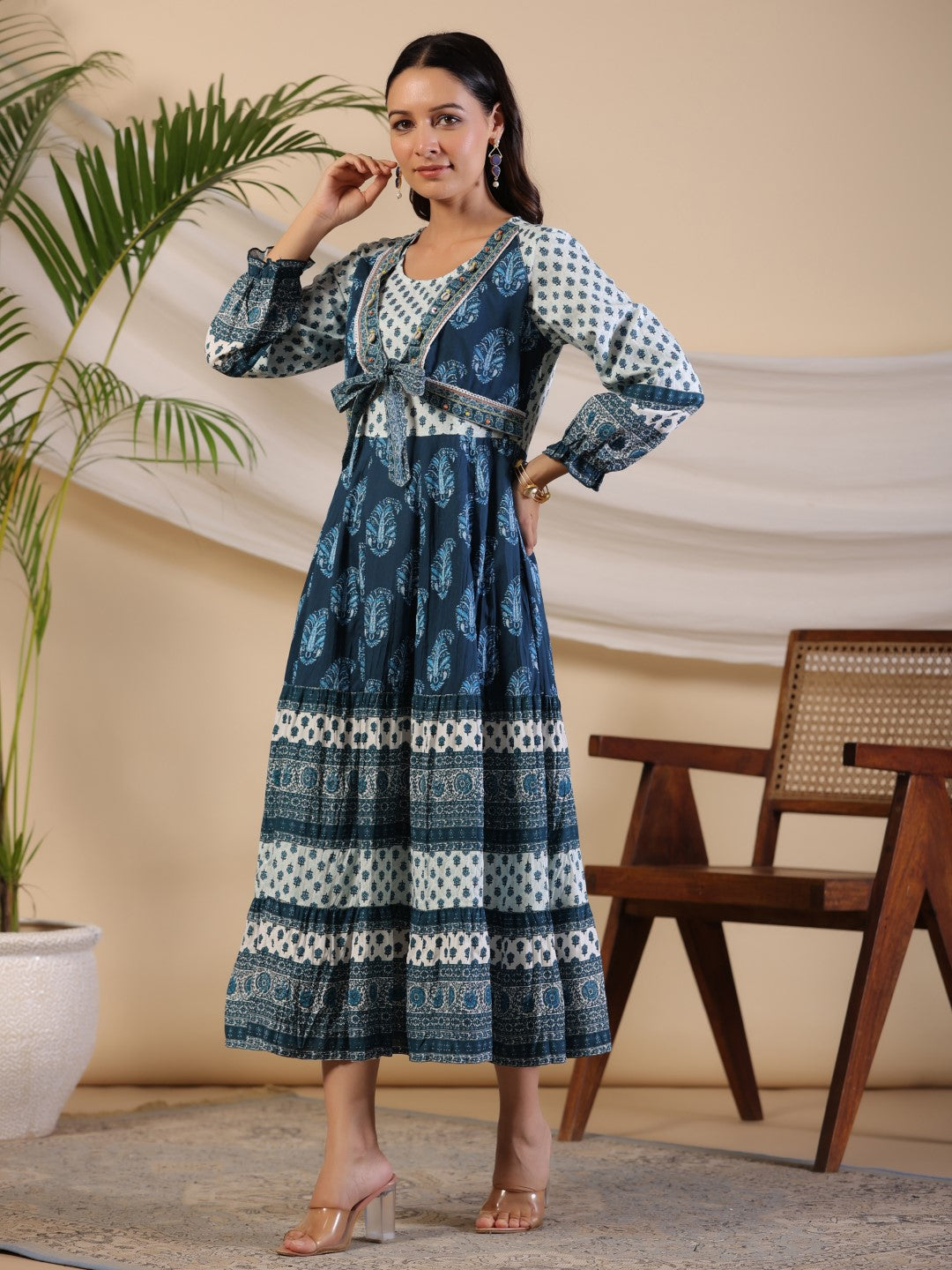 Juniper The Madhubala Rayon Blue Ethnic Motif Printed Maxi Dress With Contrast 3D Beadwork Sequins & Kaudi