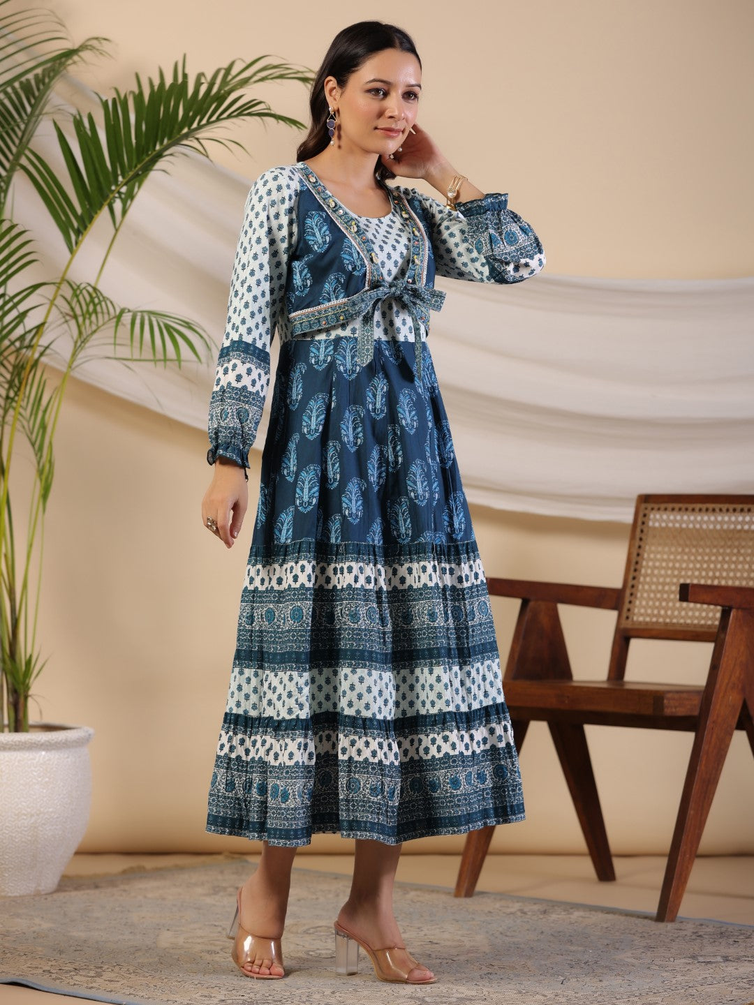 Juniper The Madhubala Rayon Blue Ethnic Motif Printed Maxi Dress With Contrast 3D Beadwork Sequins & Kaudi