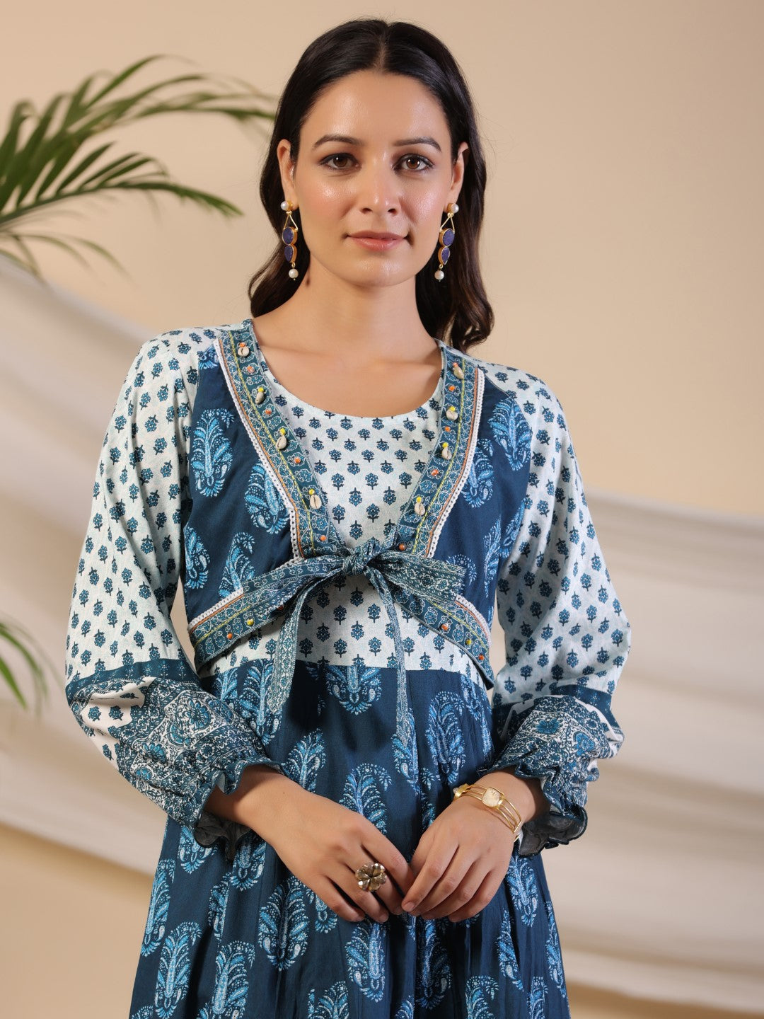 Juniper The Madhubala Rayon Blue Ethnic Motif Printed Maxi Dress With Contrast 3D Beadwork Sequins & Kaudi