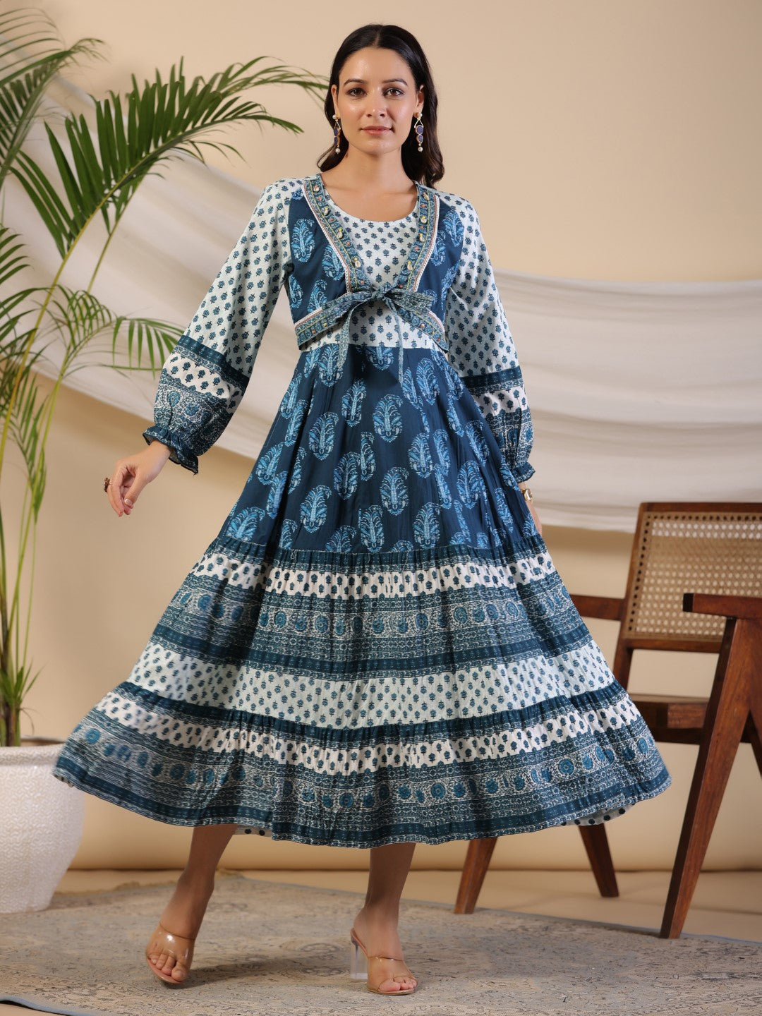 Juniper The Madhubala Rayon Blue Ethnic Motif Printed Maxi Dress With Contrast 3D Beadwork Sequins & Kaudi