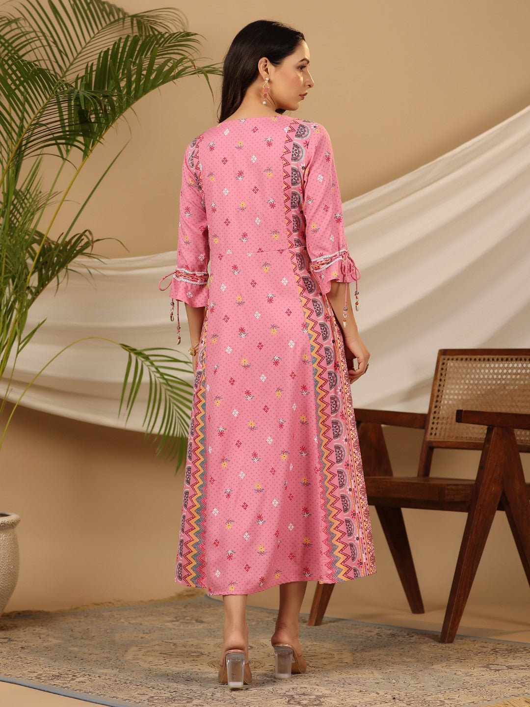 Juniper The Banjara Pink Rayon Ethnic Motif Printed Layered Maxi Dress With 3D Handwork & Tie-Ups