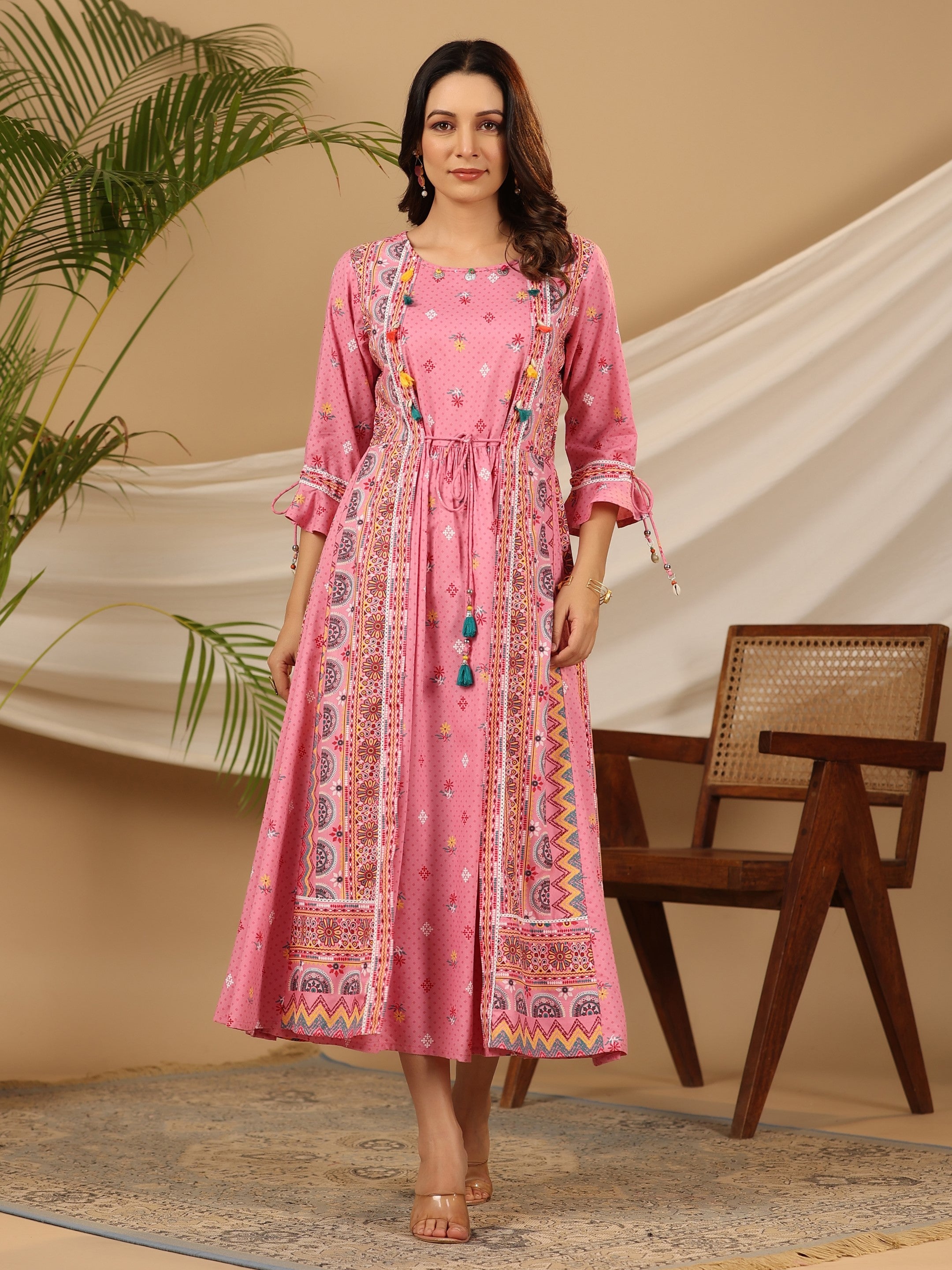 Juniper The Banjara Pink Rayon Ethnic Motif Printed Layered Maxi Dress With 3D Handwork & Tie-Ups