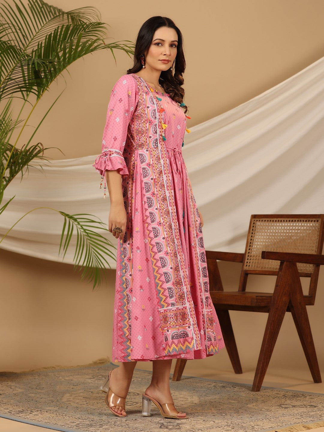 Juniper The Banjara Pink Rayon Ethnic Motif Printed Layered Maxi Dress With 3D Handwork & Tie-Ups