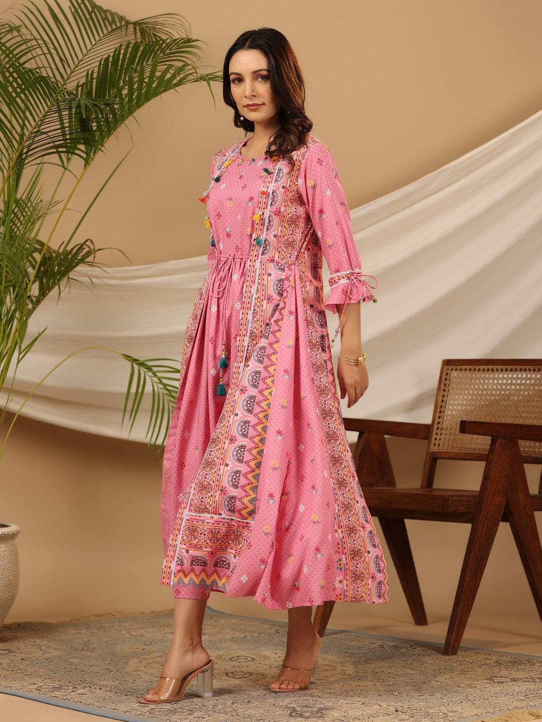 Juniper The Banjara Pink Rayon Ethnic Motif Printed Layered Maxi Dress With 3D Handwork & Tie-Ups