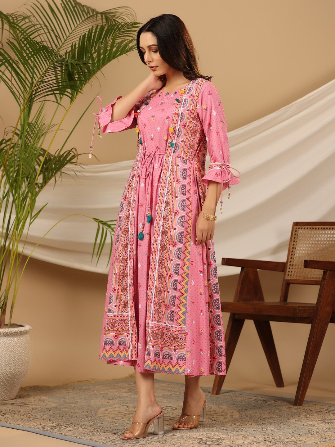 Juniper The Banjara Pink Rayon Ethnic Motif Printed Layered Maxi Dress With 3D Handwork & Tie-Ups