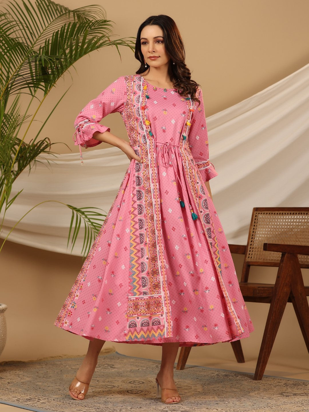 Juniper The Banjara Pink Rayon Ethnic Motif Printed Layered Maxi Dress With 3D Handwork & Tie-Ups