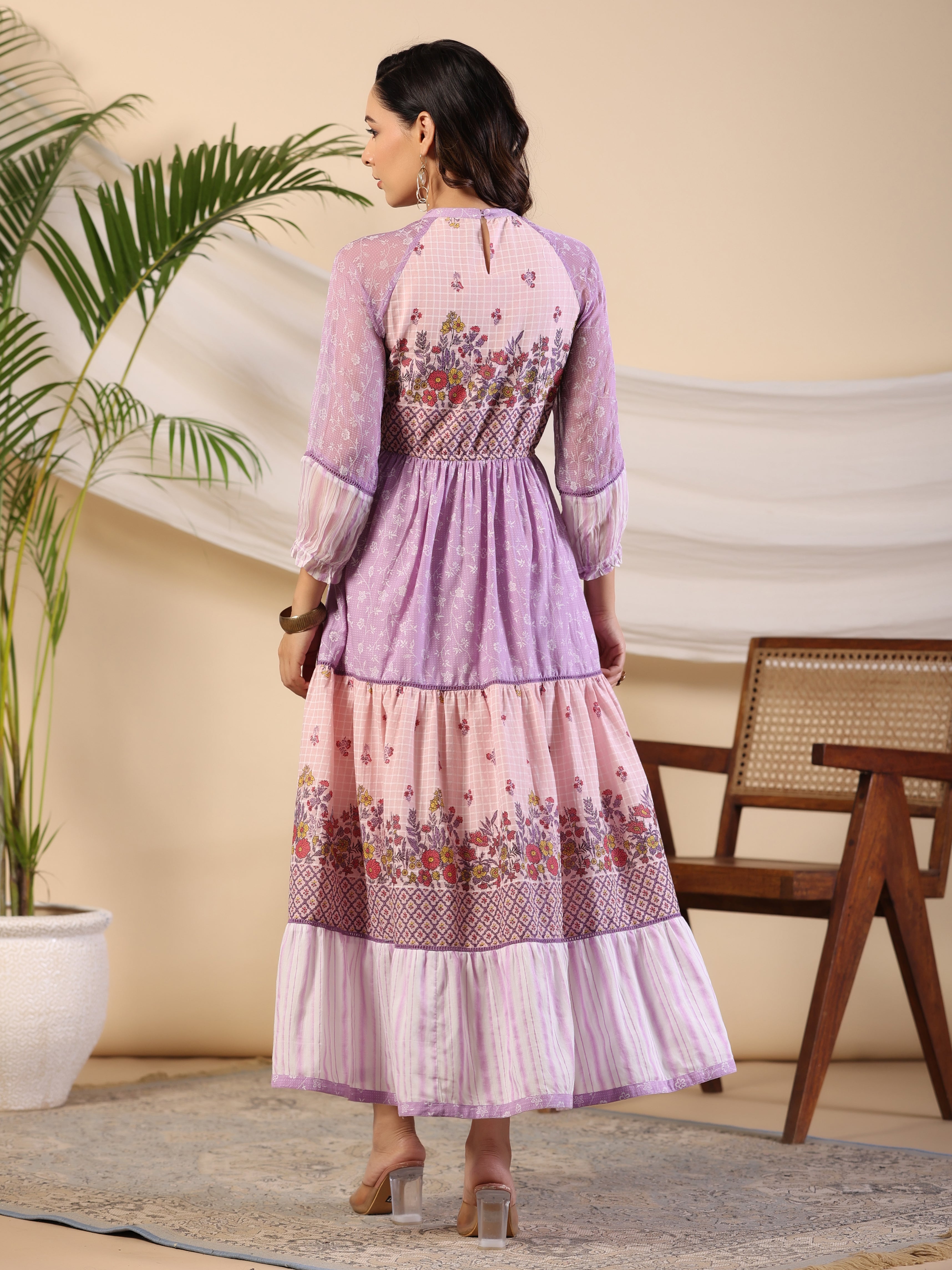 Juniper Purple Wonderland Cotton & Chiffon Floral Printed Tiered Maxi Dress With Lace & 3D Handwork