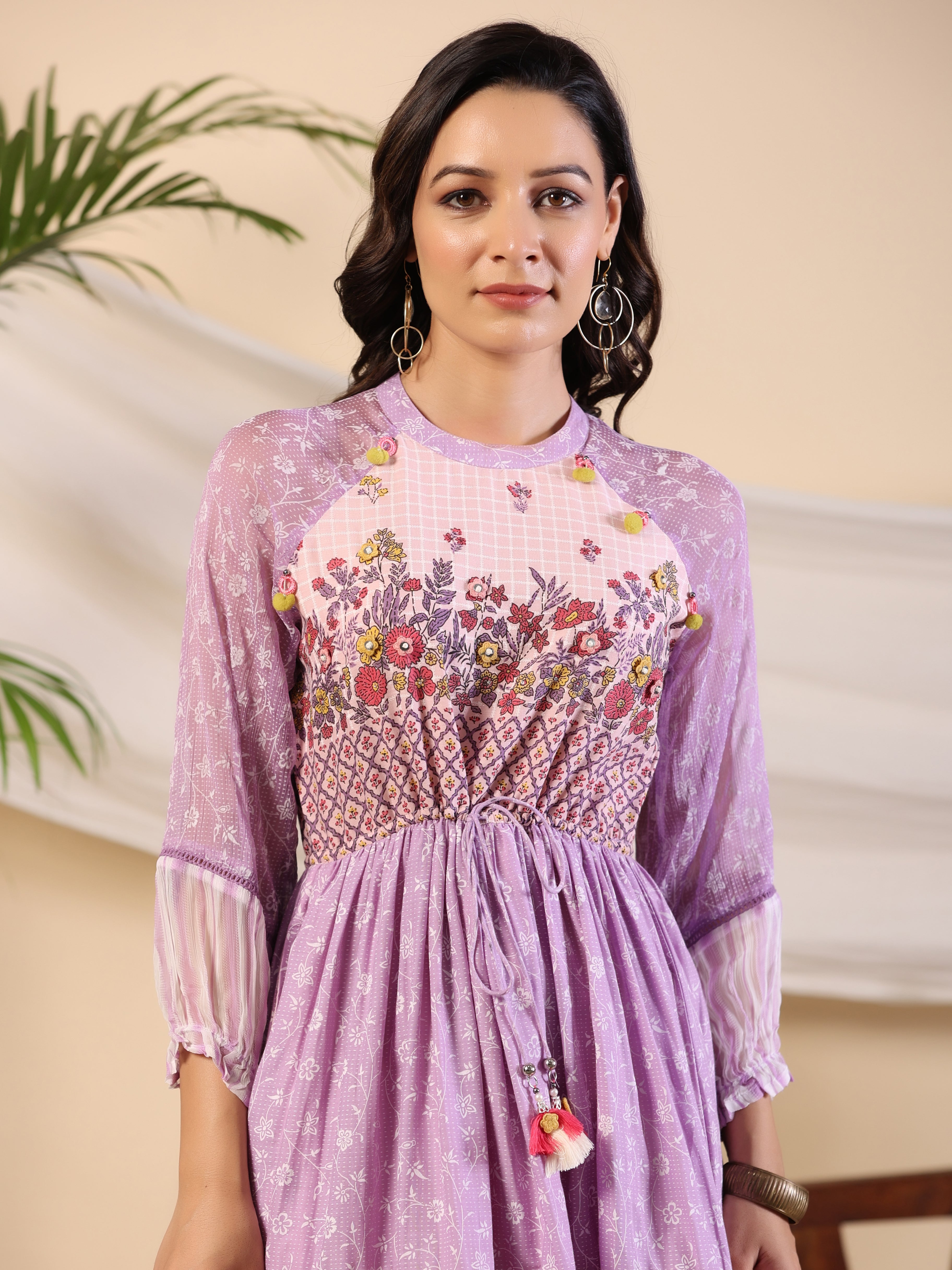 Juniper Purple Wonderland Cotton & Chiffon Floral Printed Tiered Maxi Dress With Lace & 3D Handwork