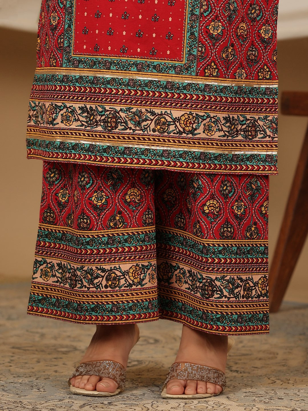 Juniper Red Madhubala Pure Cotton Ethnic Motif Printed Laced Kurta With Palazzo & Dupatta (3-Pcs)