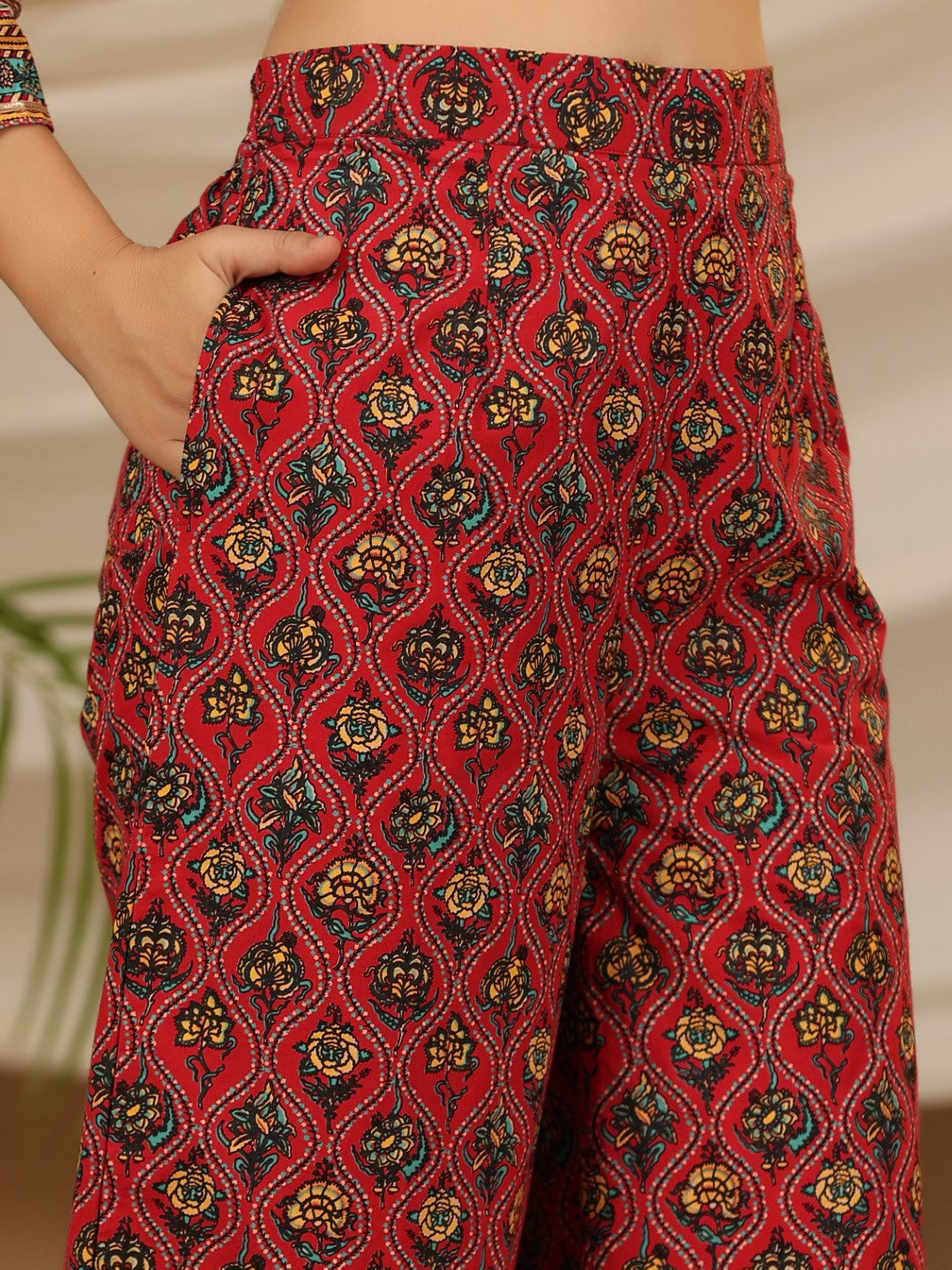 Red Cotton Cambric Printed Kurta Set
