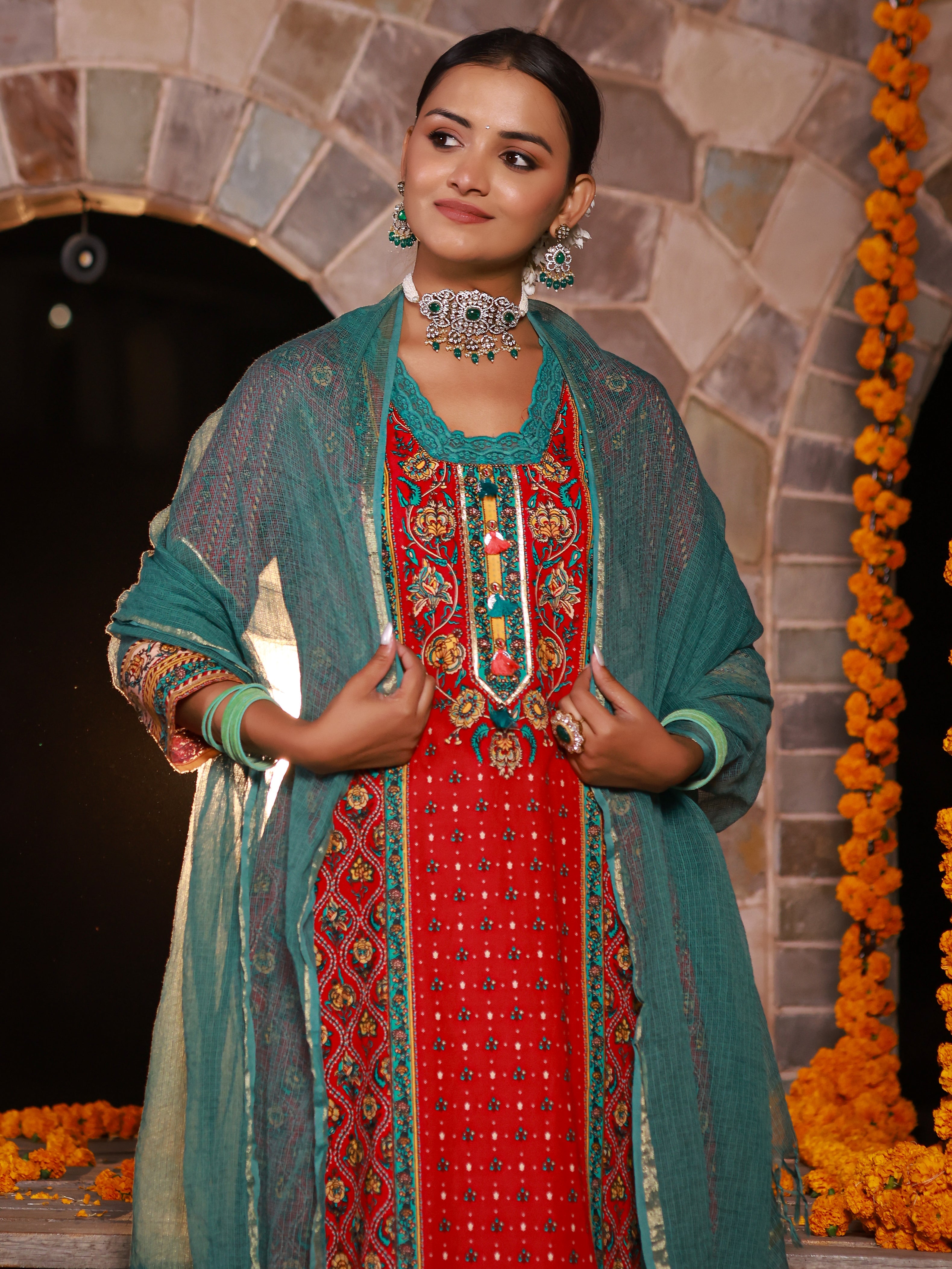 Juniper Red Madhubala Pure Cotton Ethnic Motif Printed Laced Kurta With Palazzo & Dupatta (3-Pcs)