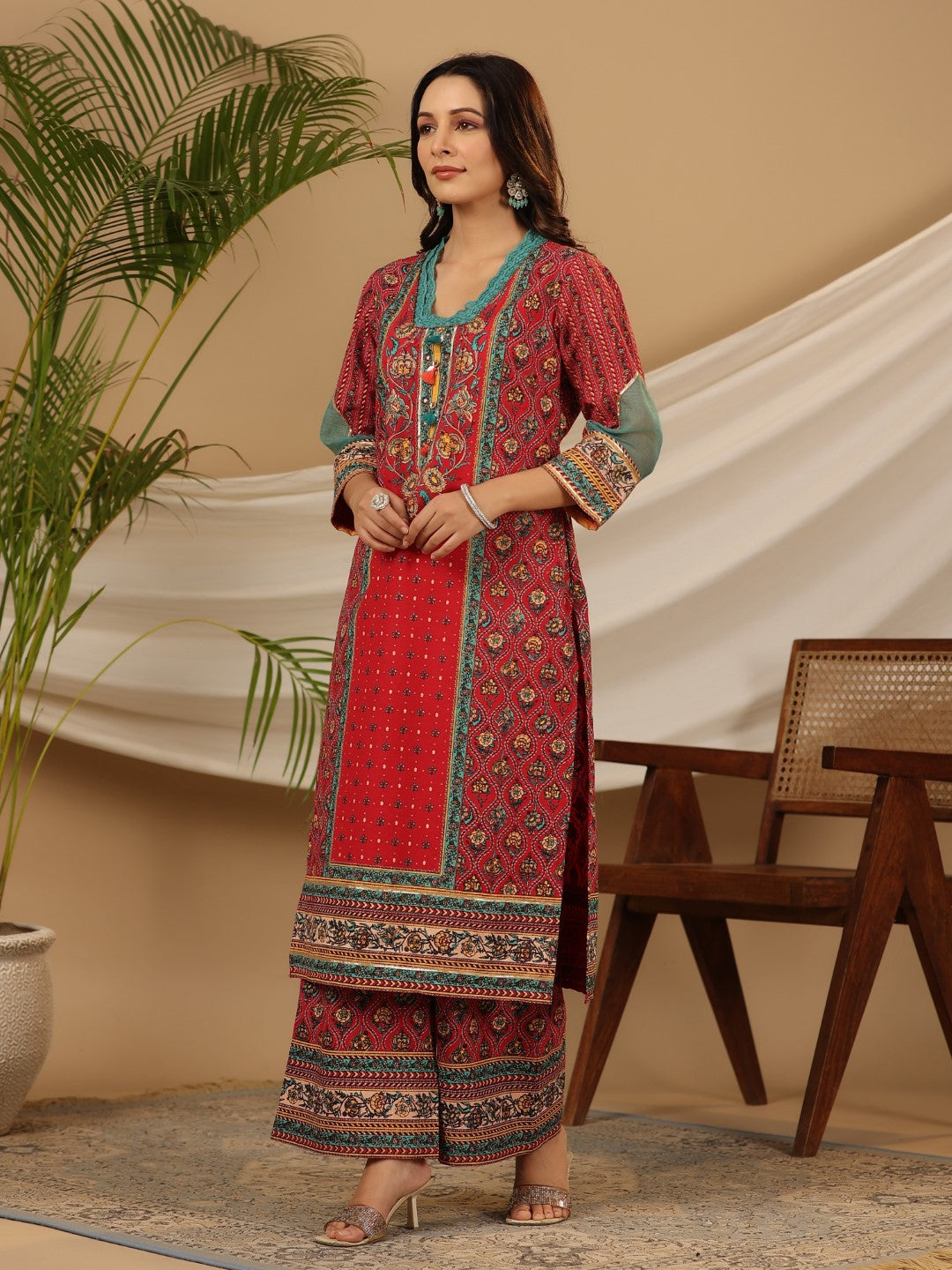 Juniper Red Madhubala Pure Cotton Ethnic Motif Printed Laced Kurta With Palazzo & Dupatta (3-Pcs)