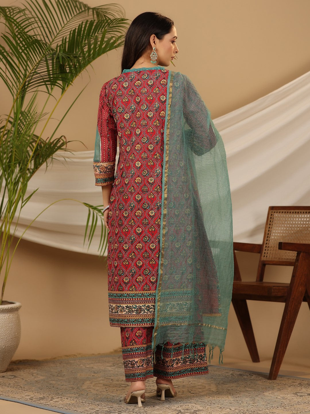 Juniper Red Madhubala Pure Cotton Ethnic Motif Printed Laced Kurta With Palazzo & Dupatta (3-Pcs)