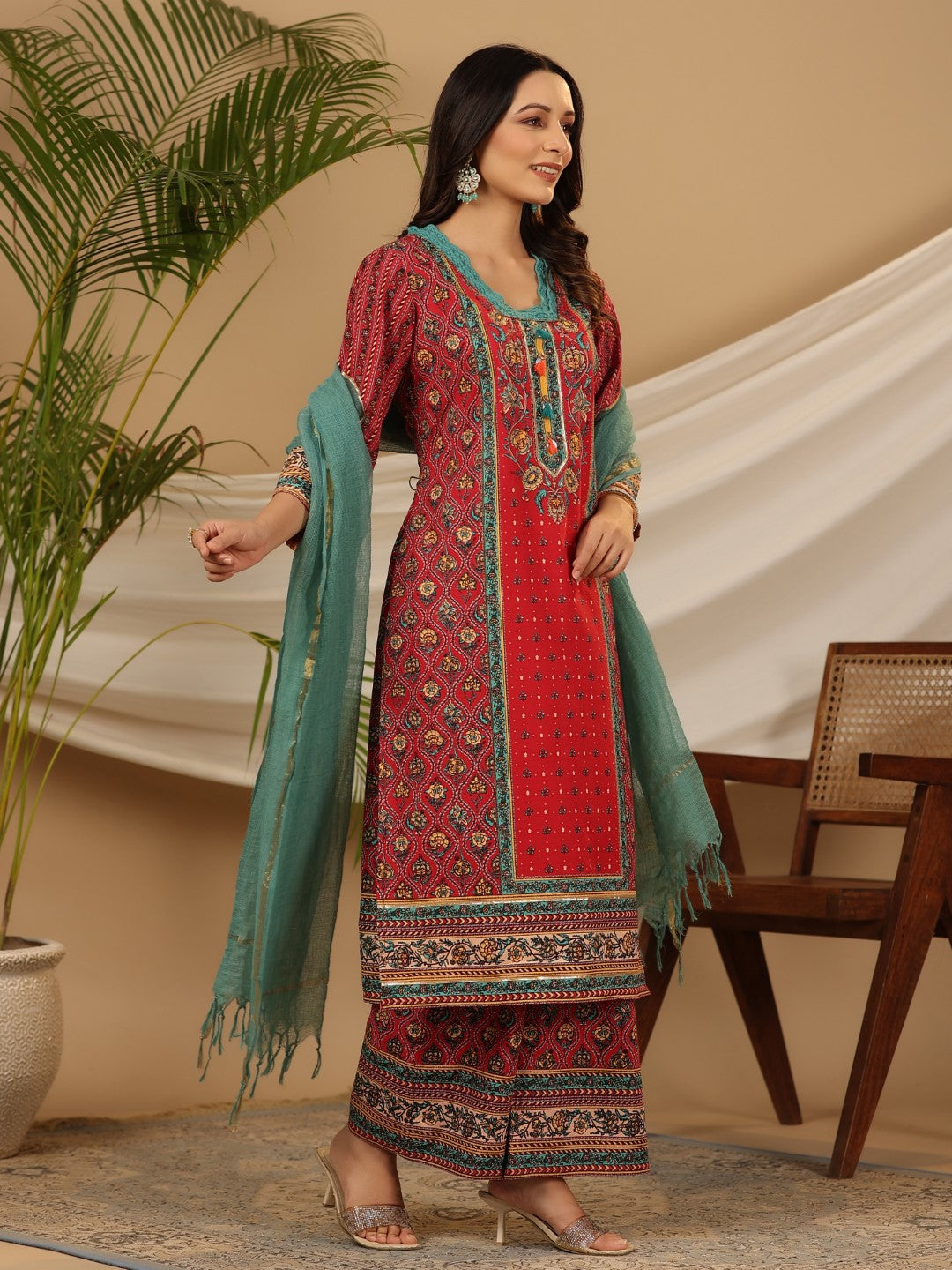 Juniper Red Madhubala Pure Cotton Ethnic Motif Printed Laced Kurta With Palazzo & Dupatta (3-Pcs)