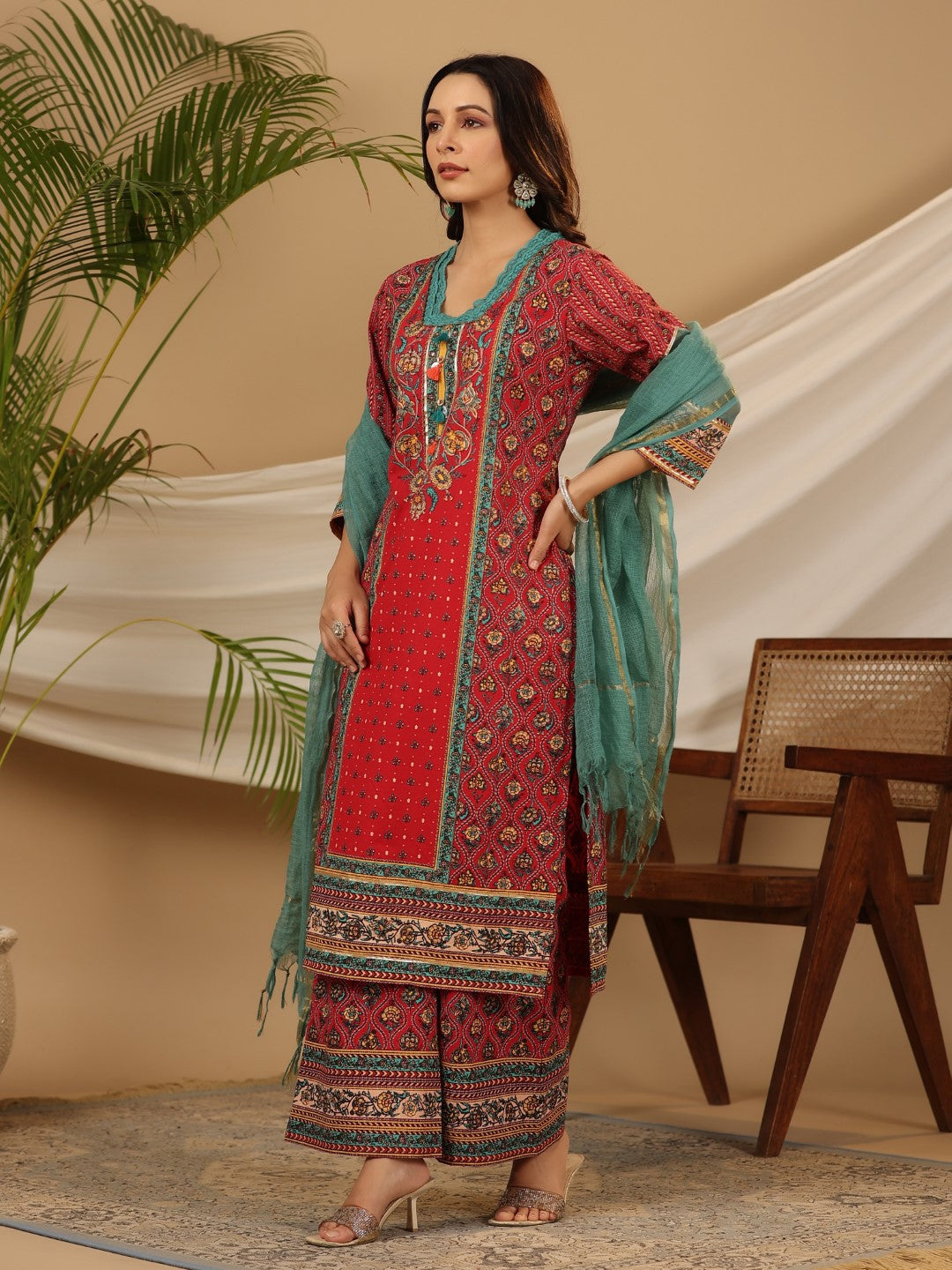 Juniper Red Madhubala Pure Cotton Ethnic Motif Printed Laced Kurta With Palazzo & Dupatta (3-Pcs)