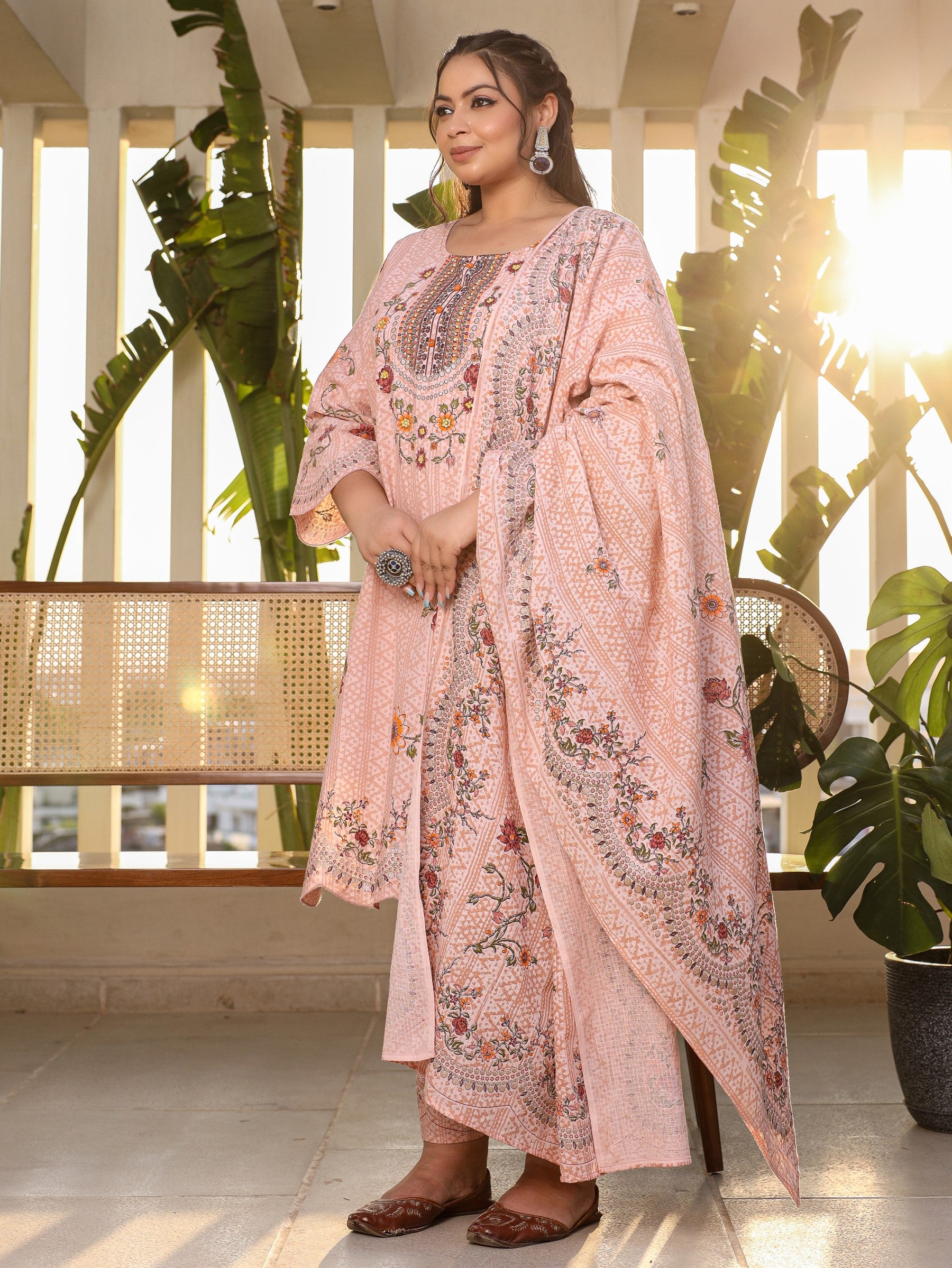 Juniper Pink Floral & Ethnic Motif Printed Cotton Cambric Plus Size Kurta Pants & Dupatta Set With Beads & Sequins (3-Pcs)